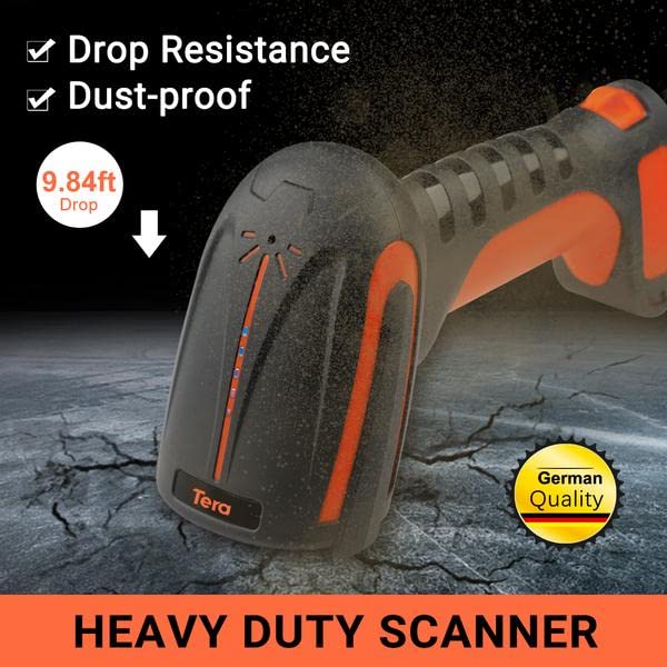 Tera Pro Industrial Wireless Barcode Scanner - 2D QR & 1D Barcode Reader with 2.4G Wireless, 2500mAh Battery, Bluetooth - Compatible with Windows, Mac, Android, iOS (Model 8100, Orange) - Ideal for Retail, Warehouse, and Inventory Management