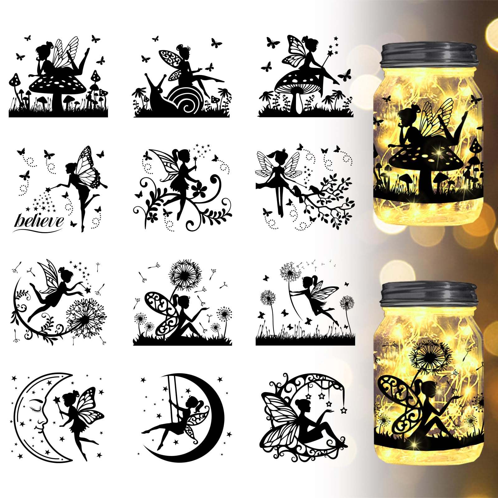 GLOBLELAND Elf Silhouette Jar Cutouts - Decorative Window Clings & Wall Decals for Home Decor | Fairy Tale Themed Plastic Art Mural | Perfect for Nursery, Kids Room, and Fantasy-Themed Party Decorations