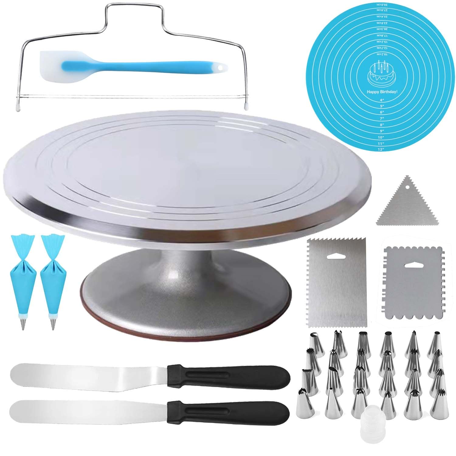 12 Inch Aluminum Alloy Rotating Cake Stand - 360° Revolving Cake Turntable for Baking, Cupcake & Dessert Decorating (35-Piece Set) | Perfect for Home Bakers, Wedding Cakes & Birthday Party Desserts