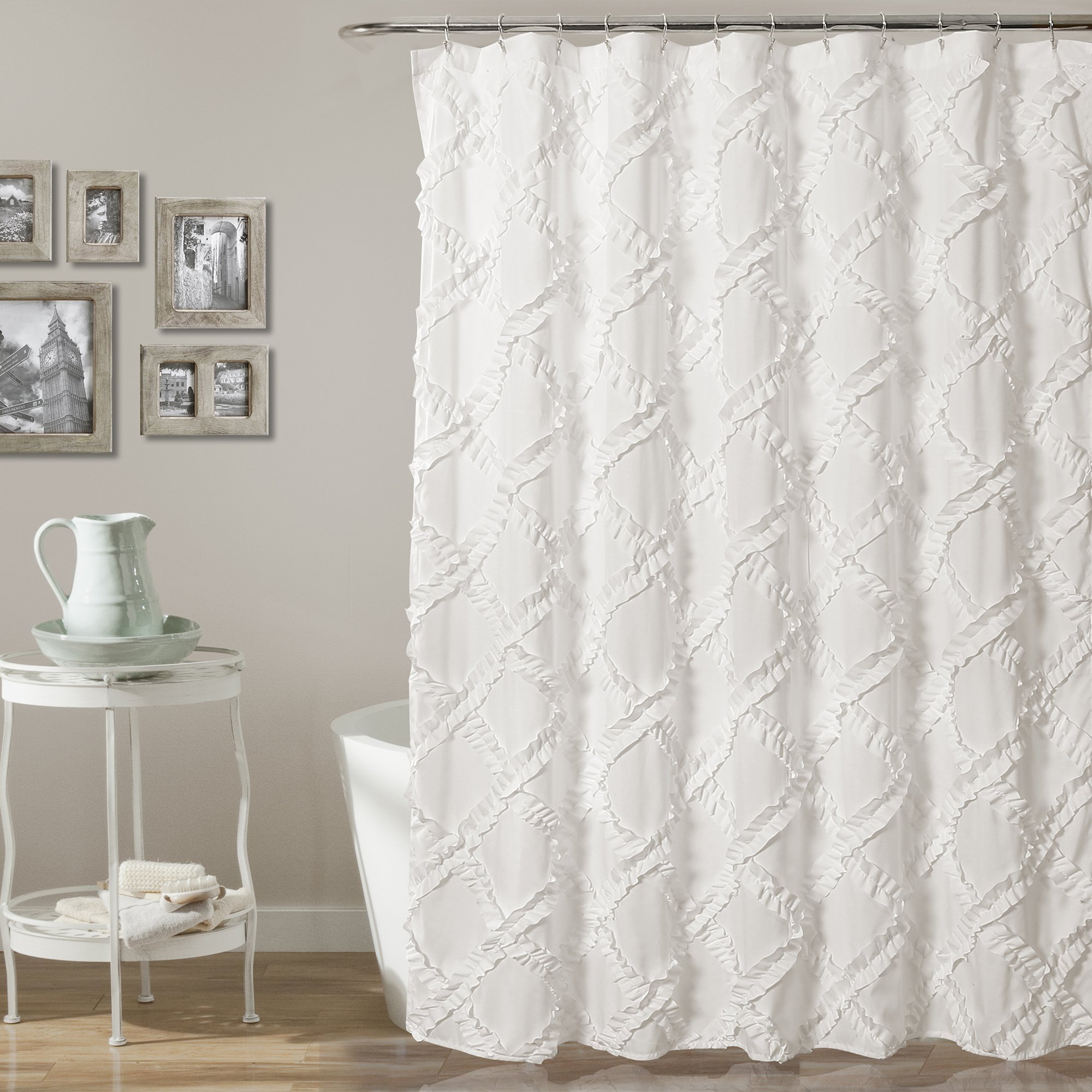 Lush Decor Textured Shower Curtain - Vintage Bathroom Essentials, Diamond White Ruffles, 72x72 Inches for Elegant Home Decor | Perfect for Farmhouse, Coastal & Boho Style Bathrooms