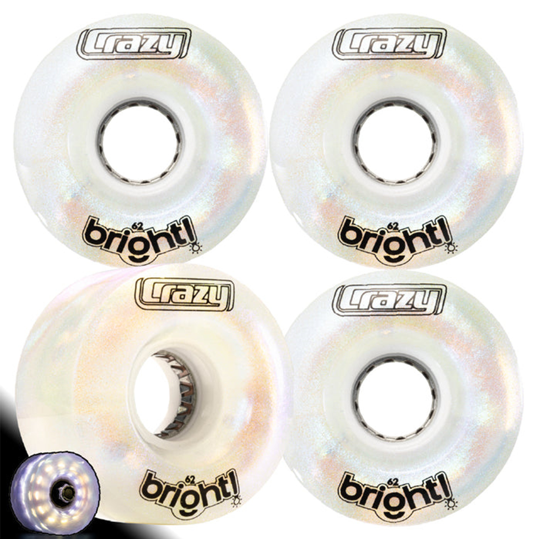 Crazy Bright 62mm LED Skateboard Wheels 4 Pack - Glow in The Dark Light Up Wheels for Night Skating, Longboards & Roller Skates - Perfect for Outdoor Nighttime Activities & Safety Visibility