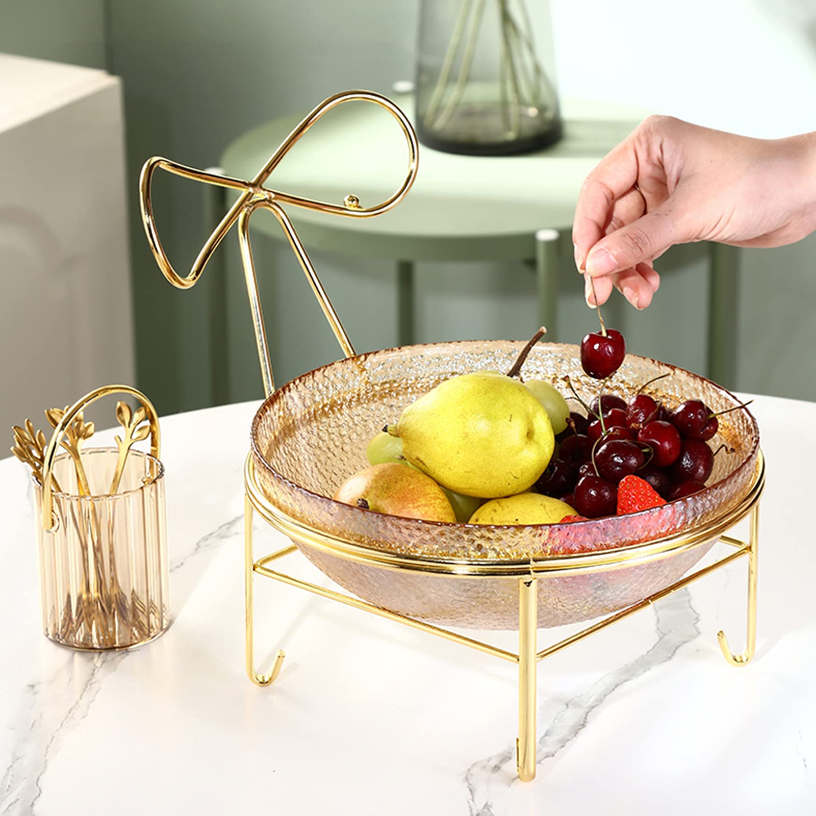 Large Glass Salad Bowl with Metal Stand - 4.5QT Fruit & Dessert Serving Bowl for Kitchen, Party, Picnic - Includes 4 Stainless Steel Forks & Storage Tub (Yellow) - Perfect for Entertaining, Family Gatherings & Outdoor Dining