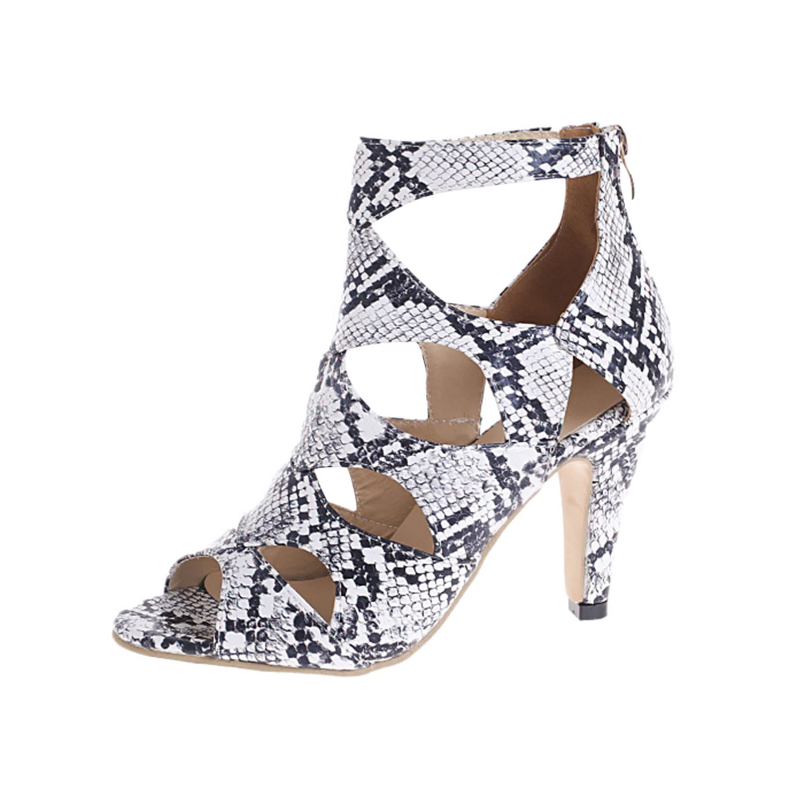 Women's Snake Print Stiletto Sandals - Back Zipper Peep Toe High Heels | Summer Fashion Roman Sandals for Party, Club & Casual Wear