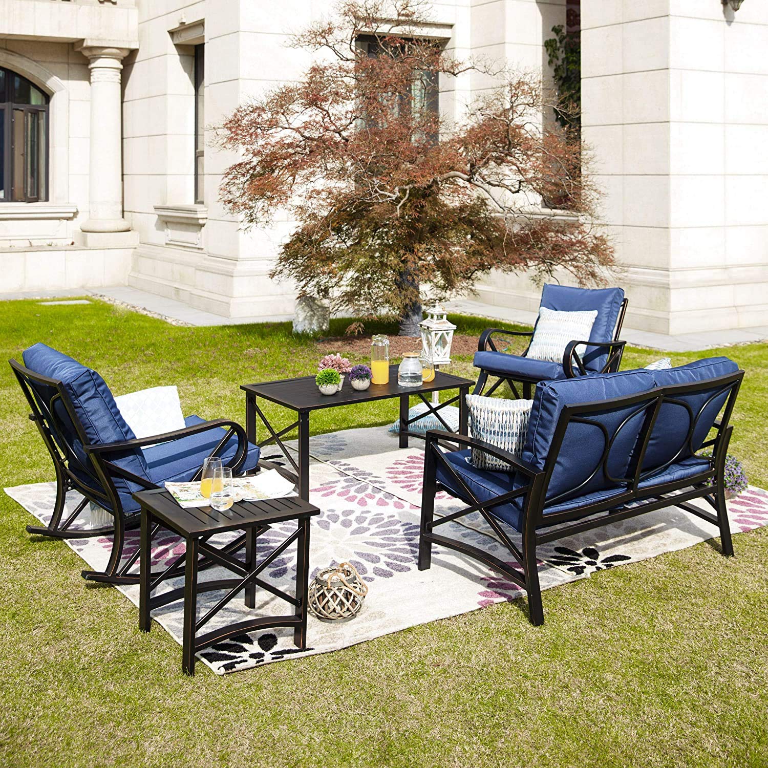 LOKATSE HOME 5-Piece Outdoor Patio Conversation Set - Deep Seating Metal Furniture with Loveseat, 2 Rocking Chairs & Coffee Tables in Blue | Perfect for Backyard, Garden & Poolside Relaxation