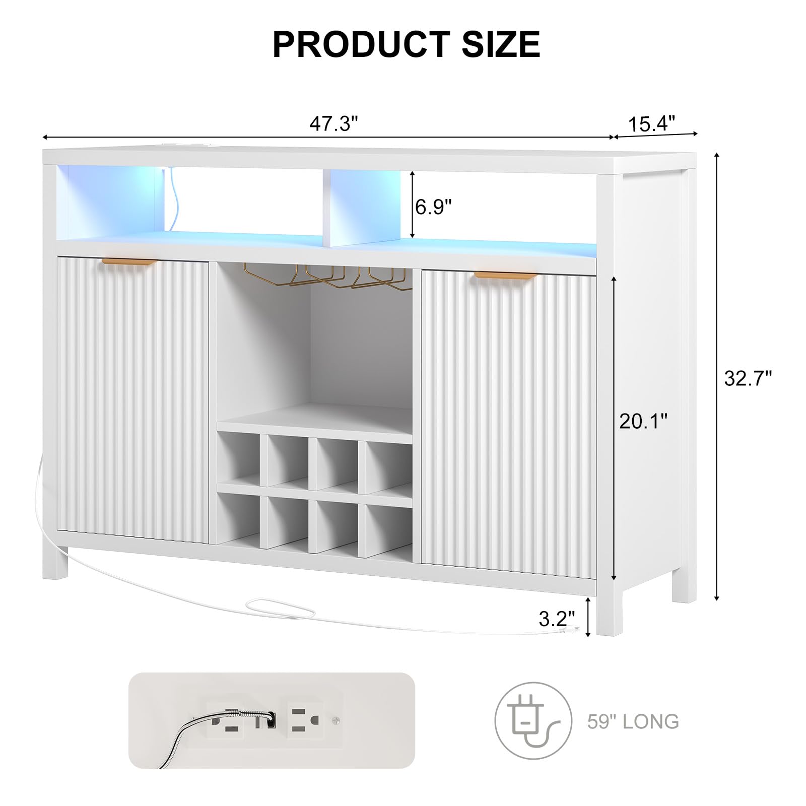 Modern White Fluted Home Bar Wine Cabinet with LED Lights & USB Charging Station - 47.2