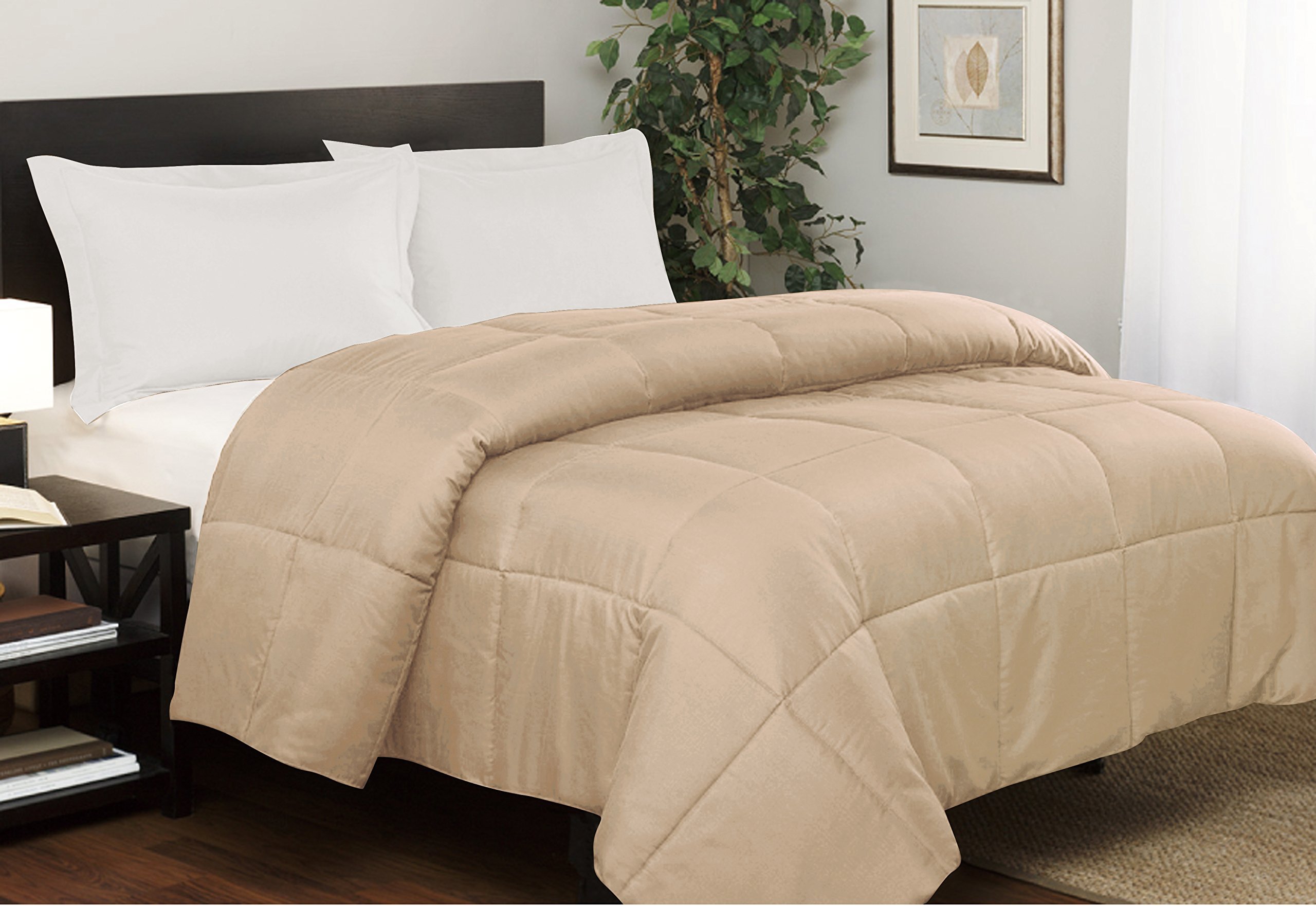 Organic Cotton Box Stitched Down Alternative Comforter - 500 GSM All-Season Lightweight Bedding - Luxurious Soft & Fluffy Oversized Queen Comforter in Beige - Perfect for Cozy Nights, Guest Rooms & Modern Bedroom Decor