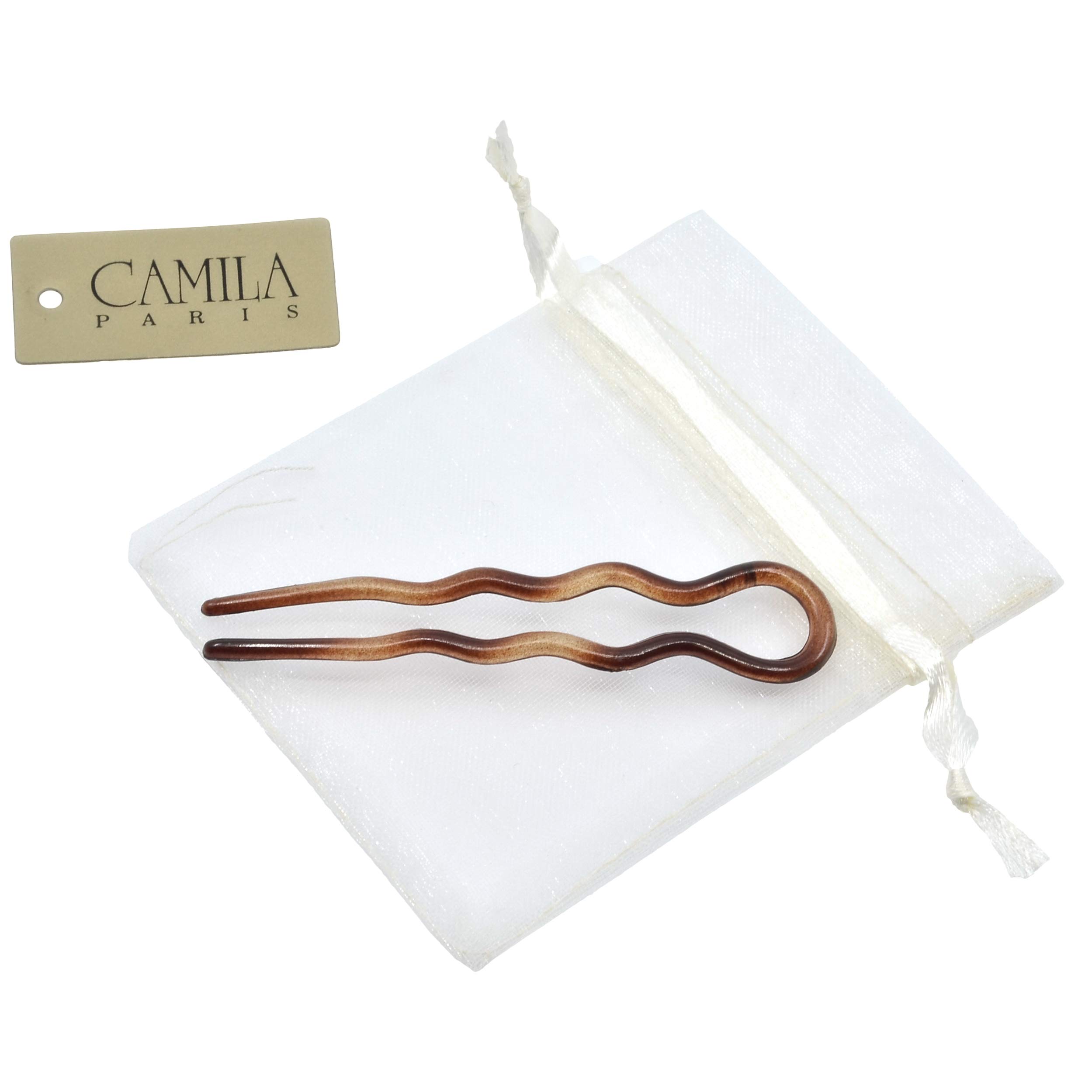 Camila Paris AD824 French Twist Stick Hair Fork - 2 Medium Wavy U-Shaped Hair Pins for Updos & Buns | Tortoise Shell Hair Clips | Flexible Styling Hair Accessories for Women | Made in France | Perfect for Weddings, Parties & Everyday Elegant Hairstyles