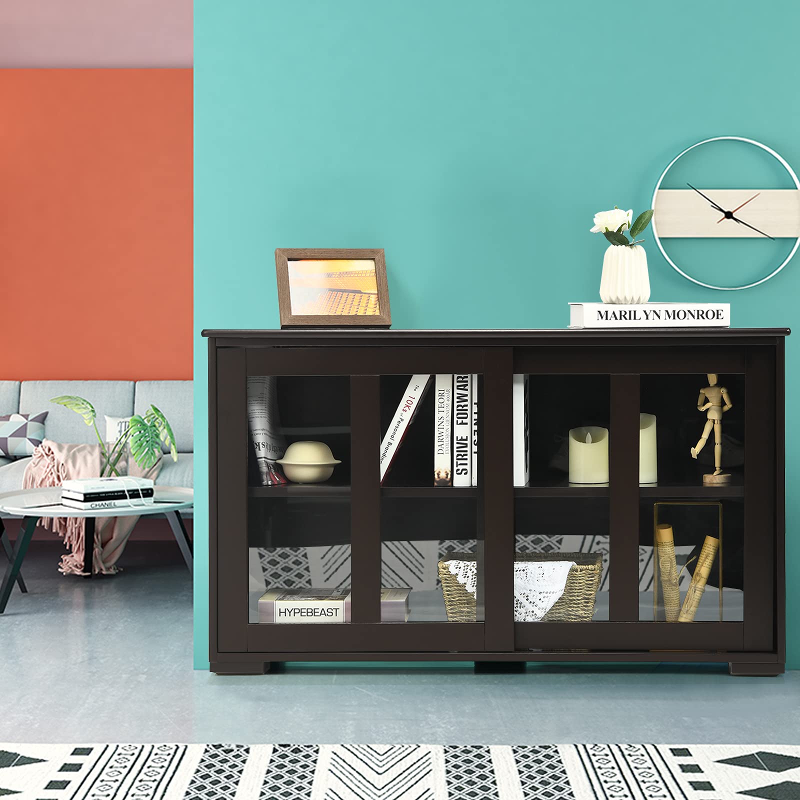 DORTALA Modern Sideboard Buffet Cabinet with 2 Sliding Glass Doors - Adjustable Shelf, Stackable Storage Furniture for Kitchen, Living Room & Entryway - Brown Wooden Buffet Server for Dining Room Storage & Home Organization