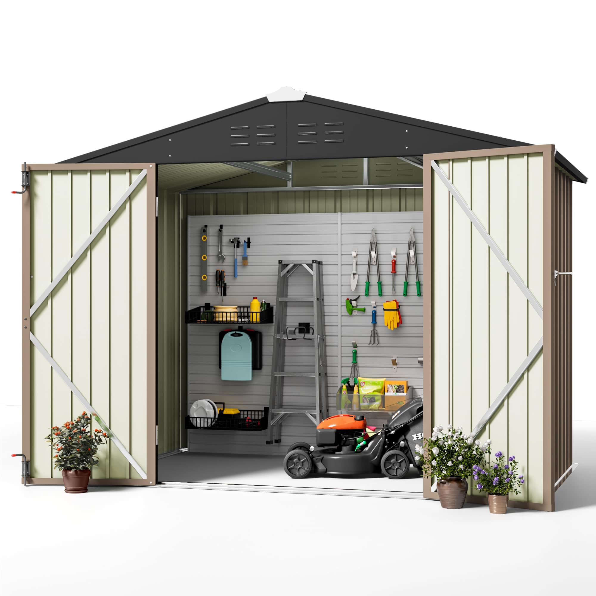 Greesum 6x8 ft Outdoor Storage Shed - Metal Utility Tool Shed with Lockable Door for Garden, Patio & Backyard Organization (Brown)