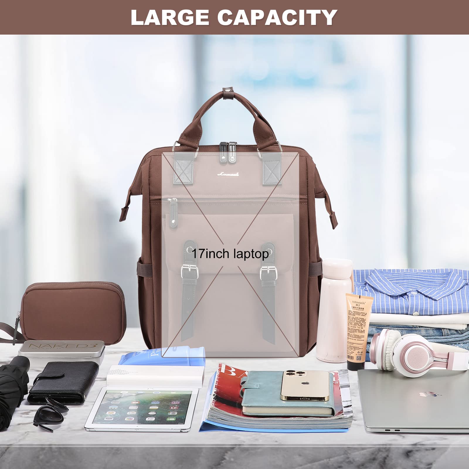 LOVEVOOK Women's 17 Inch Laptop Backpack - Waterproof Anti-Theft Business Computer Bag for Work, College & Travel - Perfect for Teachers, Doctors, Nurses & Students (Coffee) | Ideal for Commuting, Office Use & Daily Essentials Storage
