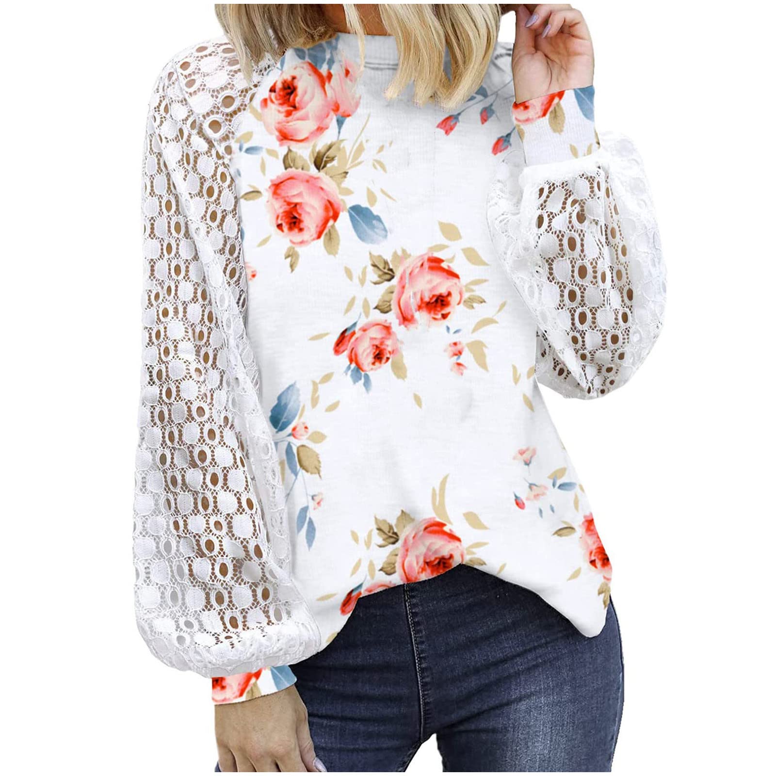 Huneny Women's Floral Hollow Out Long Sleeve Blouse - Elegant Loose Fit Pullover Top for Spring & Summer | Casual Office Wear, Date Night Outfit, Weekend Brunch Fashion