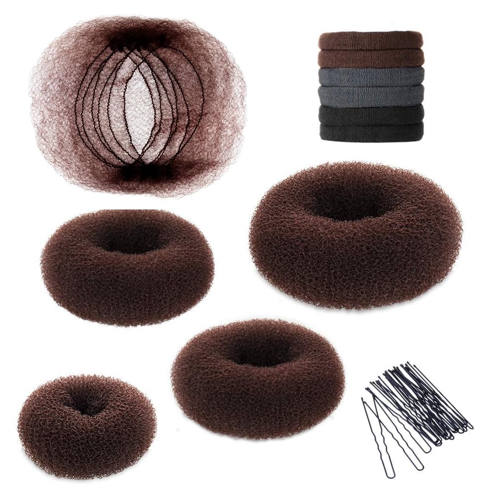 YaFex Hair Bun Maker Kit - 4 Pcs Donut Bun Makers (Large, Medium, Small) with 10 Hair Nets, 6 Elastic Hair Ties & 20 Bobby Pins - Perfect for Updos, Ballet, Wedding & Everyday Hairstyles (Brown)
