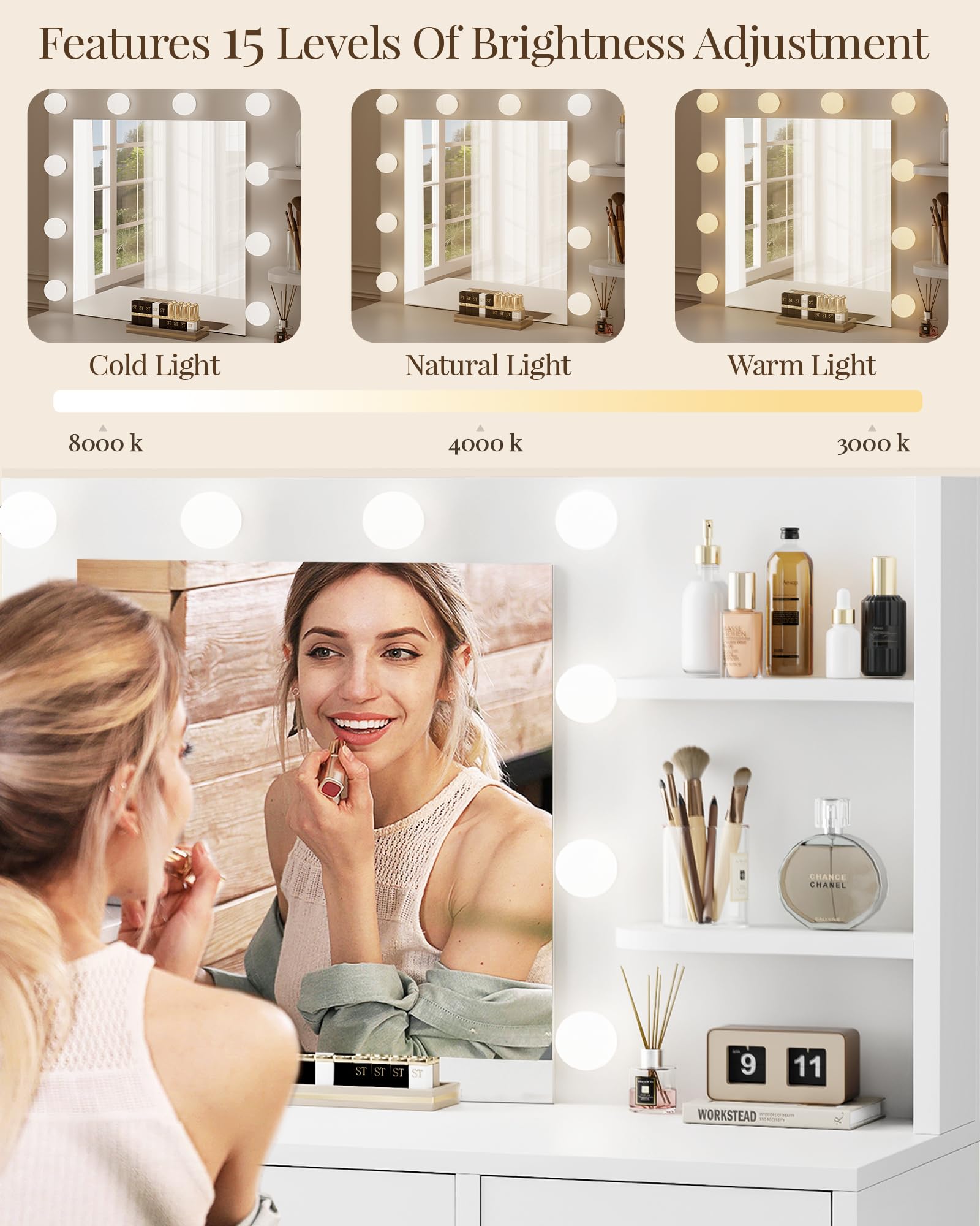 Vanity Desk with Mirror and LED Lights - Makeup Vanity Table with Drawers, Storage Shelves & Cabinet - 3 Adjustable Lighting Modes - White Dressing Table for Bedroom - Perfect for Makeup Application, Skincare Routine & Home Beauty Station