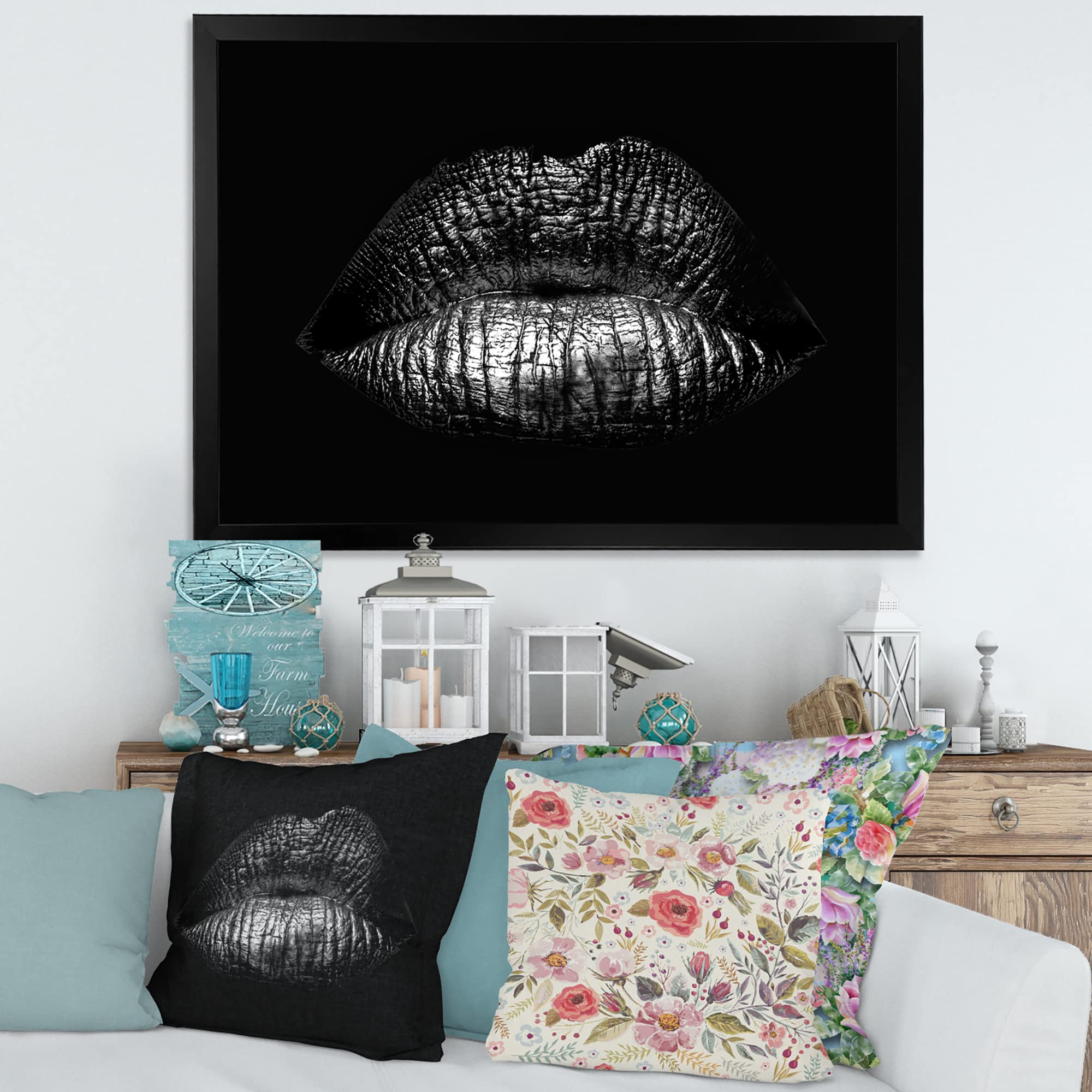 Golden Metallic Lips Wall Art - Modern Framed Female Lips Decor for Living Room, Bedroom & Office - Elegant Home Decor Gift Idea