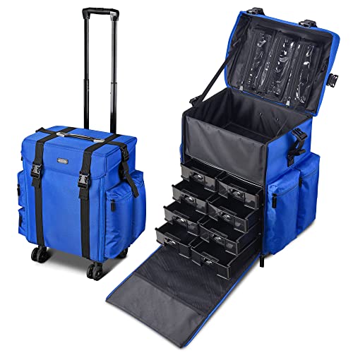 BYOOTIQUE Bright Blue 2-in-1 Soft Sided Rolling Makeup Case - Professional Cosmetic Organizer for Makeup Artists | Travel Train Case with Wheels | Perfect for Salon, Bridal & On-the-Go Beauty Services