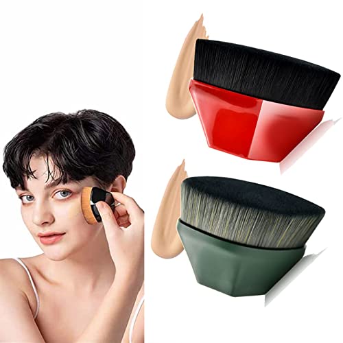Flat Top Kabuki Foundation Makeup Brush Set - Green & Red Dual Pack for Liquid & Powder Foundation - Perfect for Professional Makeup Artists & Beginners - Ideal for Contouring, Blending & Full Coverage Application