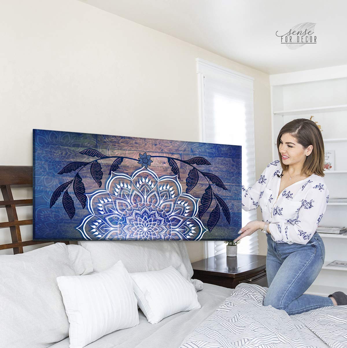 **Boho Mandala Wall Hanging - Handmade Macrame Wall Art for Bedroom & Living Room Decor - Blue Boho Headboard (42