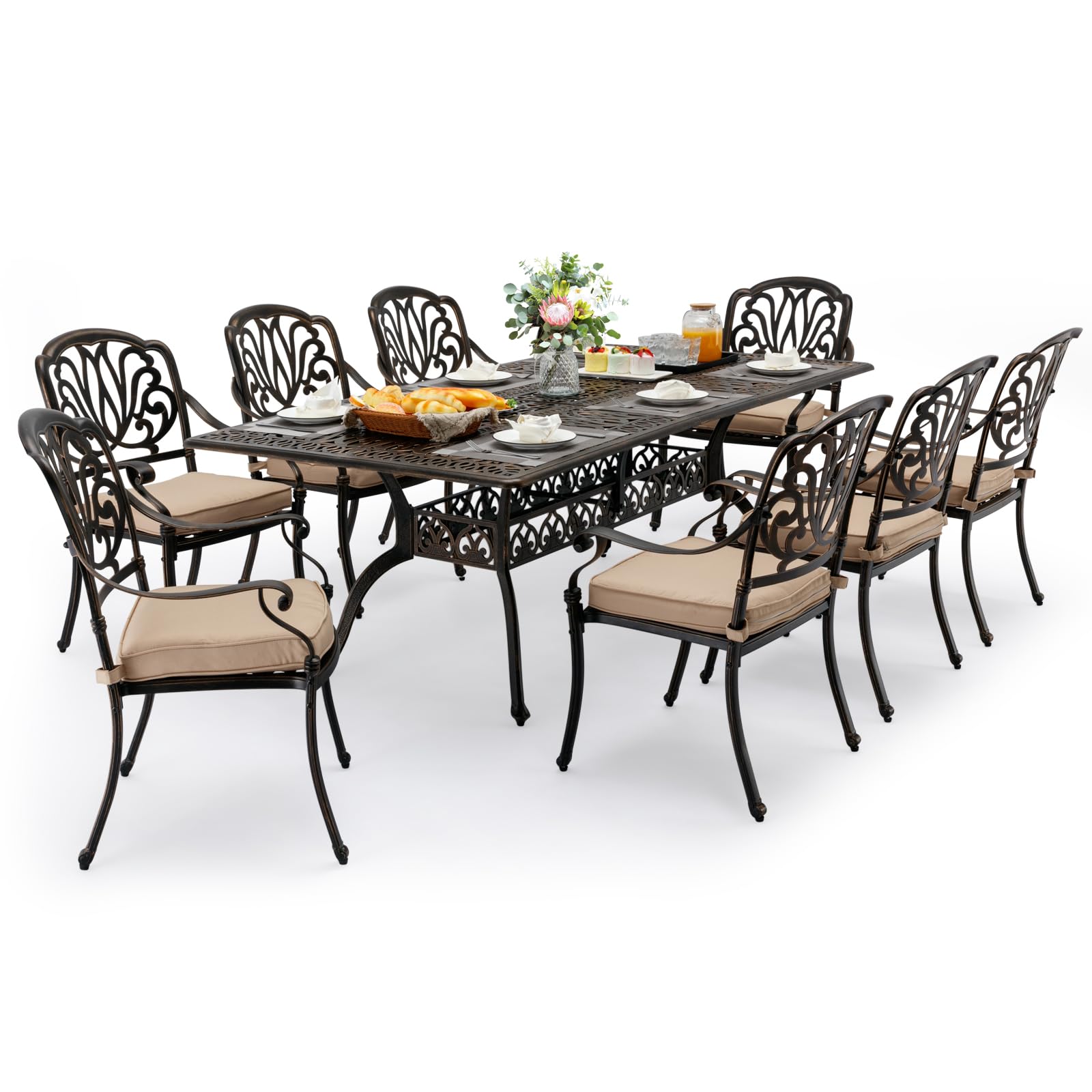 Vintage 9-Piece Cast Aluminum Outdoor Dining Set - Classic Patio Table & 8 Chairs with Removable Cushions & Umbrella Hole - Perfect for Backyard BBQs, Garden Parties & Outdoor Entertaining