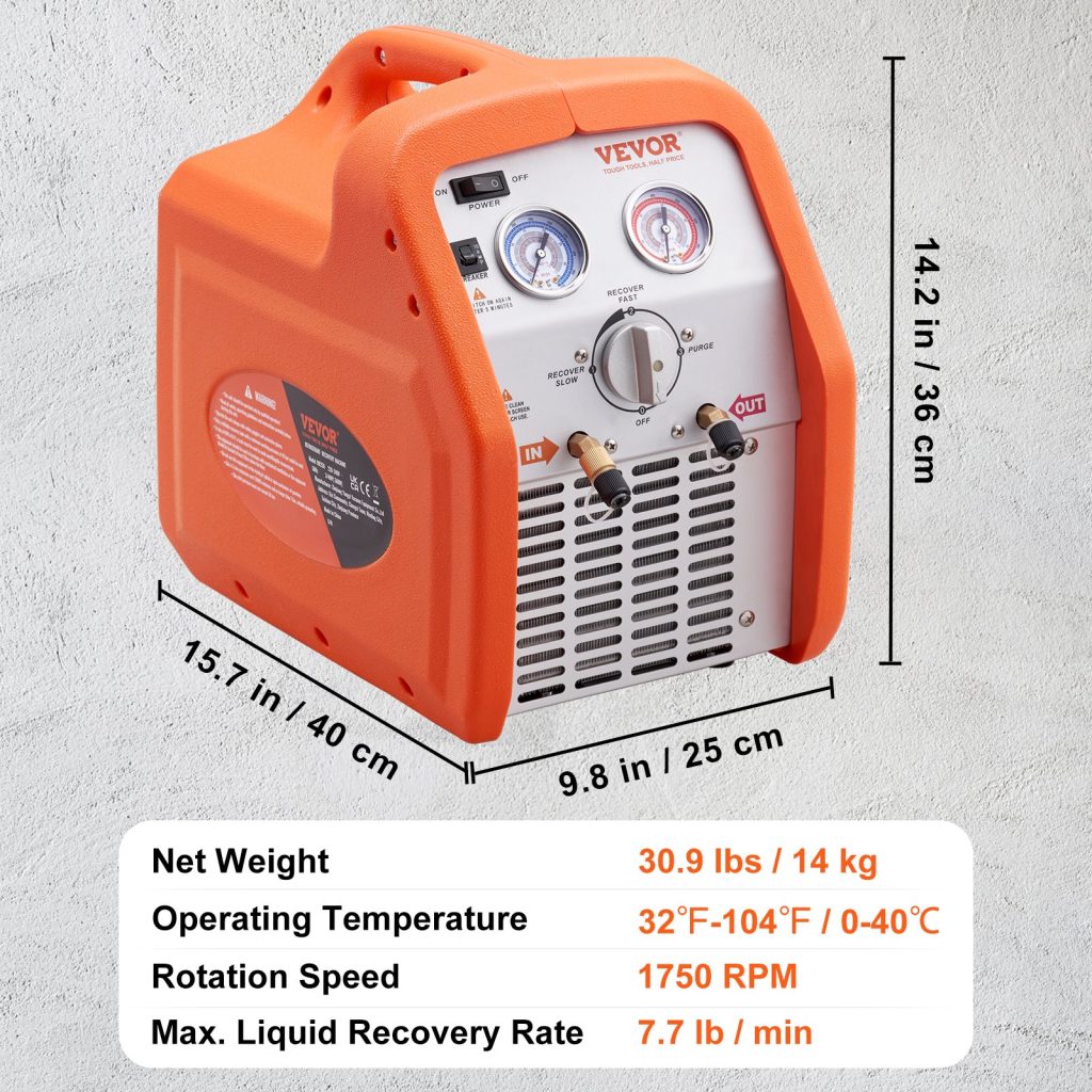 1 HP Dual Cylinder AC Refrigerant Recovery Machine - High Efficiency HVAC Recovery Unit 628529 | Portable R134a R22 R410a Refrigerant Extraction for Professional HVAC Technicians | Ideal for AC Repair, Maintenance & Recycling