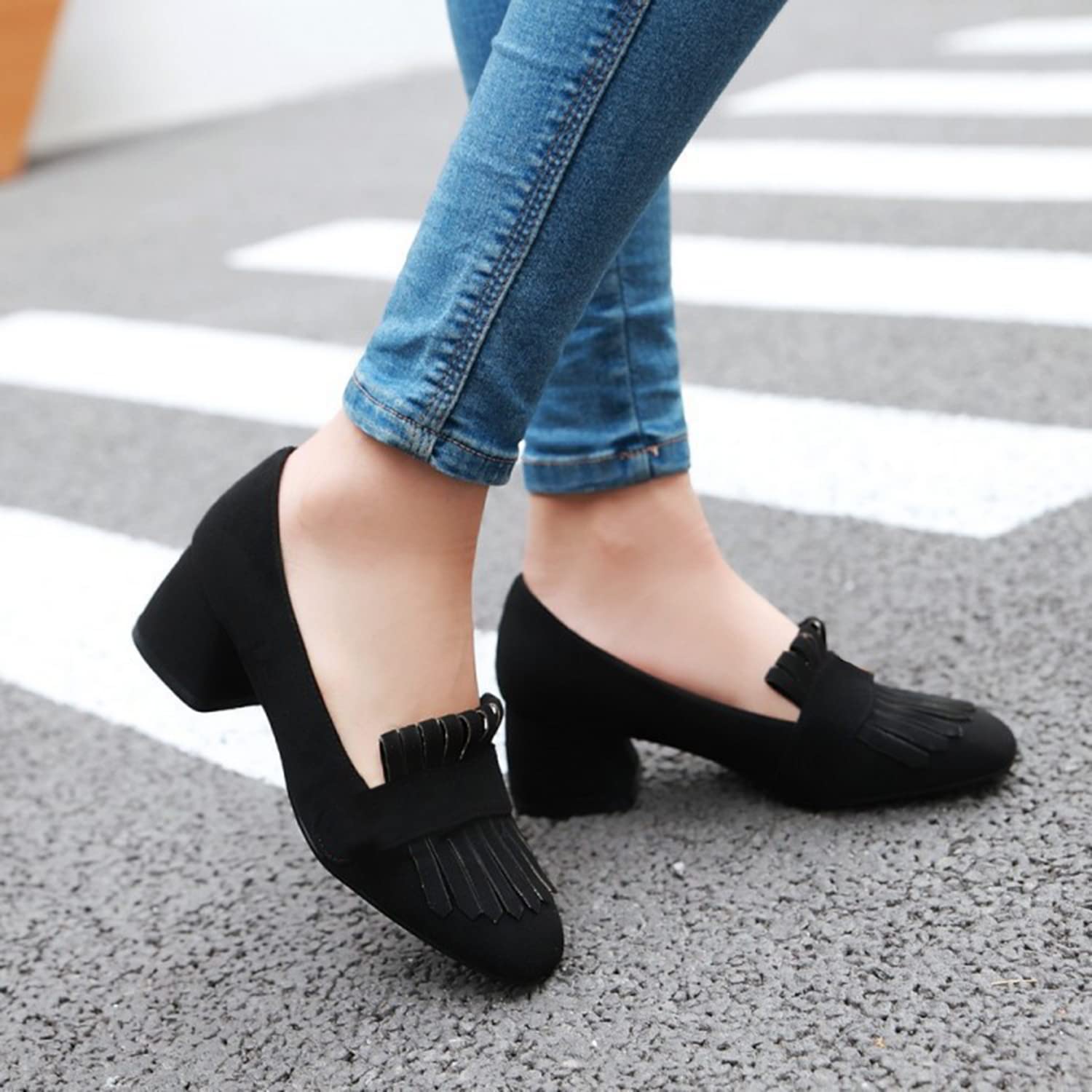 FOWT Women's Comfort Suede Tassel Loafers - Black Slip-On Pumps with Almond Toe & 2 Inch Chunky Block Heel - Elegant Dress Shoes for Work, School, Office & Daily Wear (US Size 4-16 M)