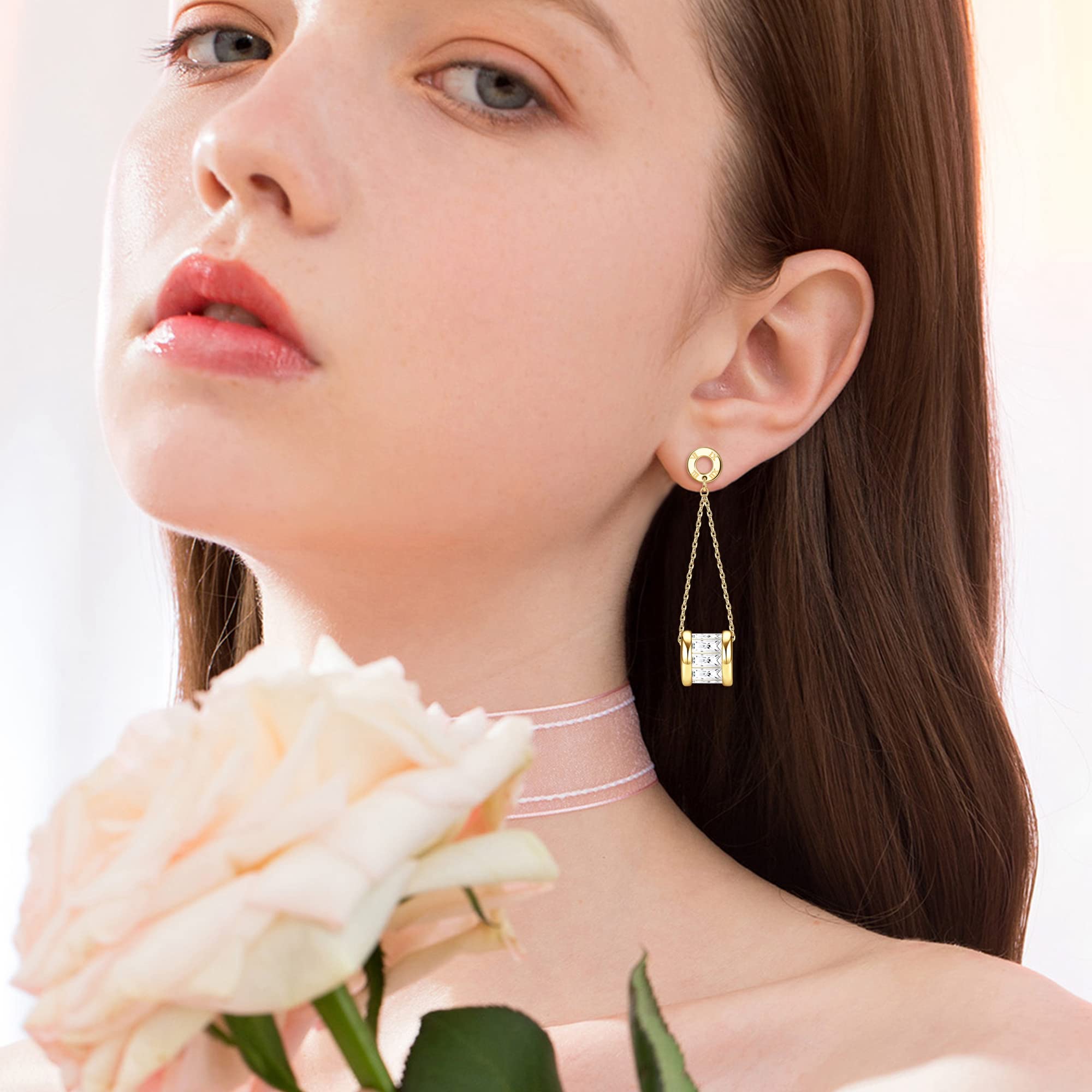 14K Gold Plated Sterling Silver Cubic Zirconia Dangle Earrings for Women - Elegant Drop Earrings for Wedding, Party & Christmas Gifts | Dainty White Gold Plated CZ Dangling Earrings for Everyday Wear & Special Occasions