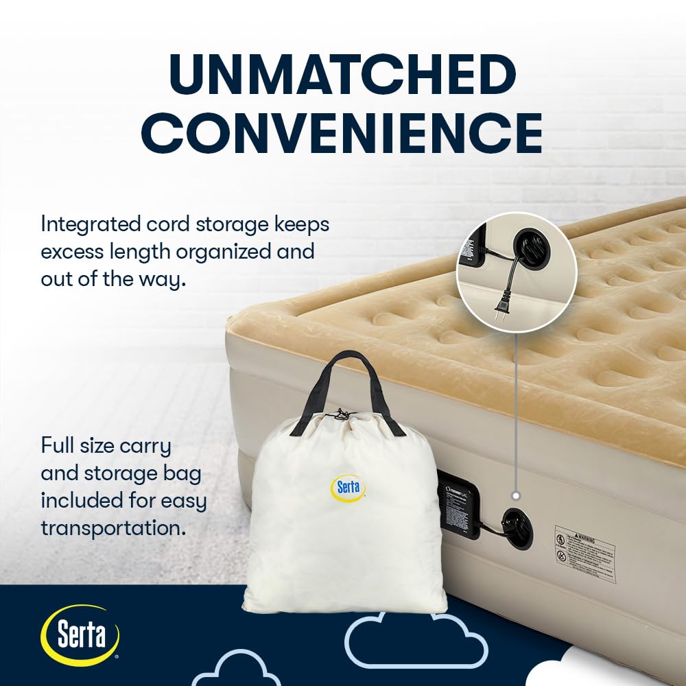 Serta Raised Air Mattress with Never Flat Pump - Luxury Inflatable Bed with Built-in Air Pump for Comfortable Sleep | Heavy Duty Blow Up Mattress with Self-Inflating Technology | Perfect for Camping, Guest Beds & Home Use