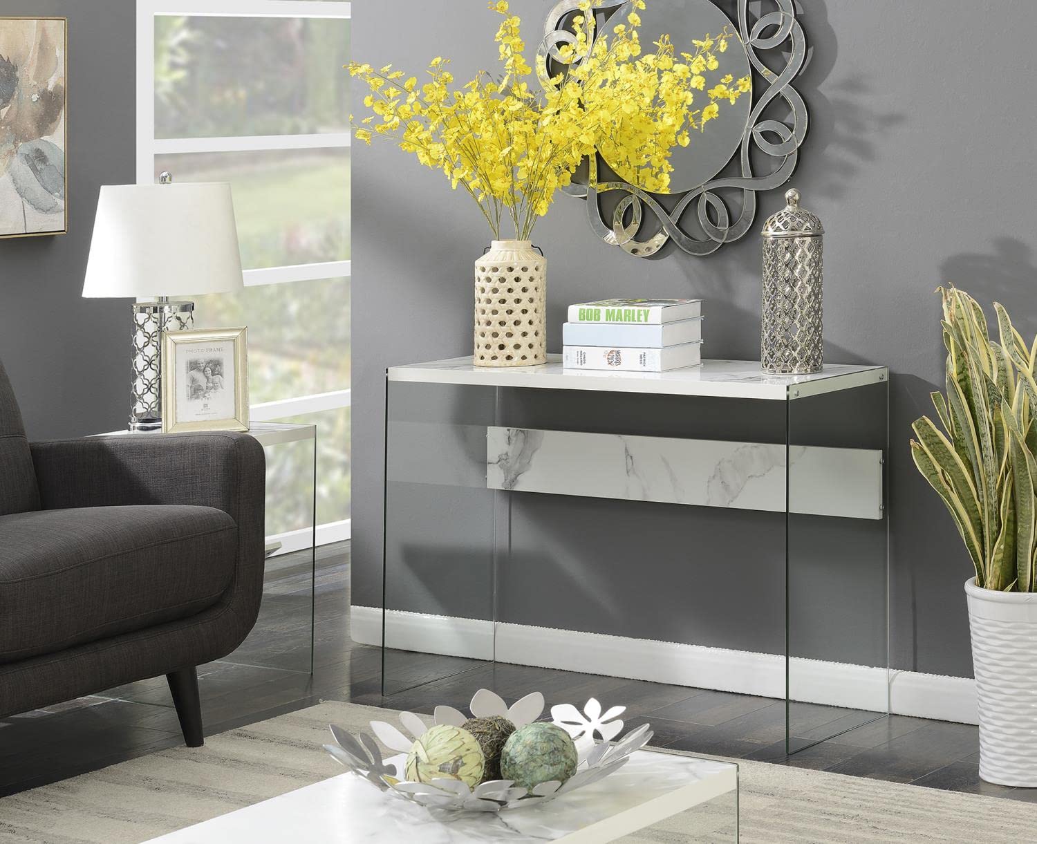 Convenience Concepts SoHo Console Table & Desk - Faux White Marble Top, Modern Entryway Furniture for Hallway, Living Room, or Home Office