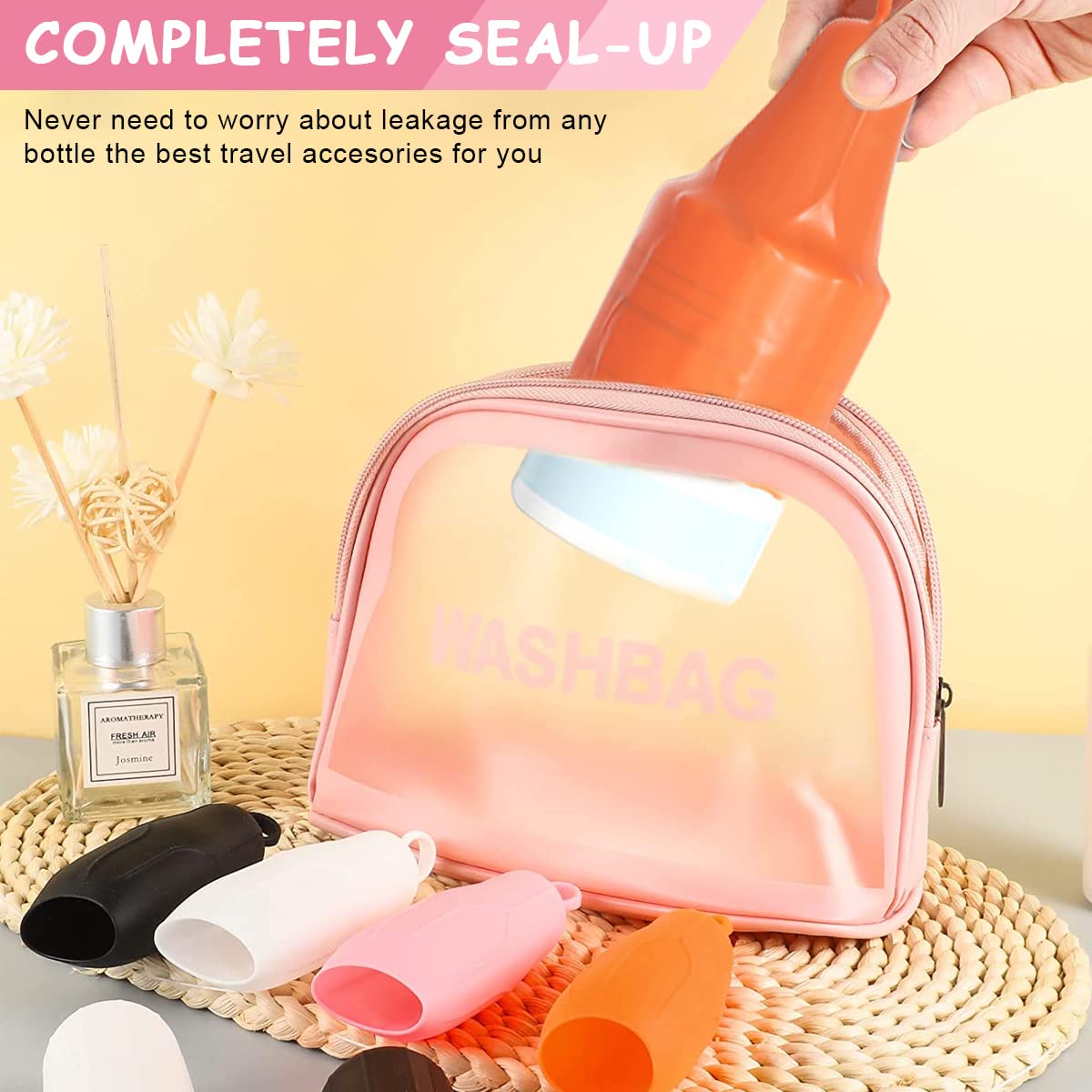 MAYCREATE® 8 Pack Silicone Elastic Sleeves for Travel Bottles - Leakproof Toiletry Bottle Covers with Loop Handle - Reusable Travel Accessories for Shampoo, Conditioner & Cosmetics (Perfect for Airplane Carry-on & Vacation Essentials)