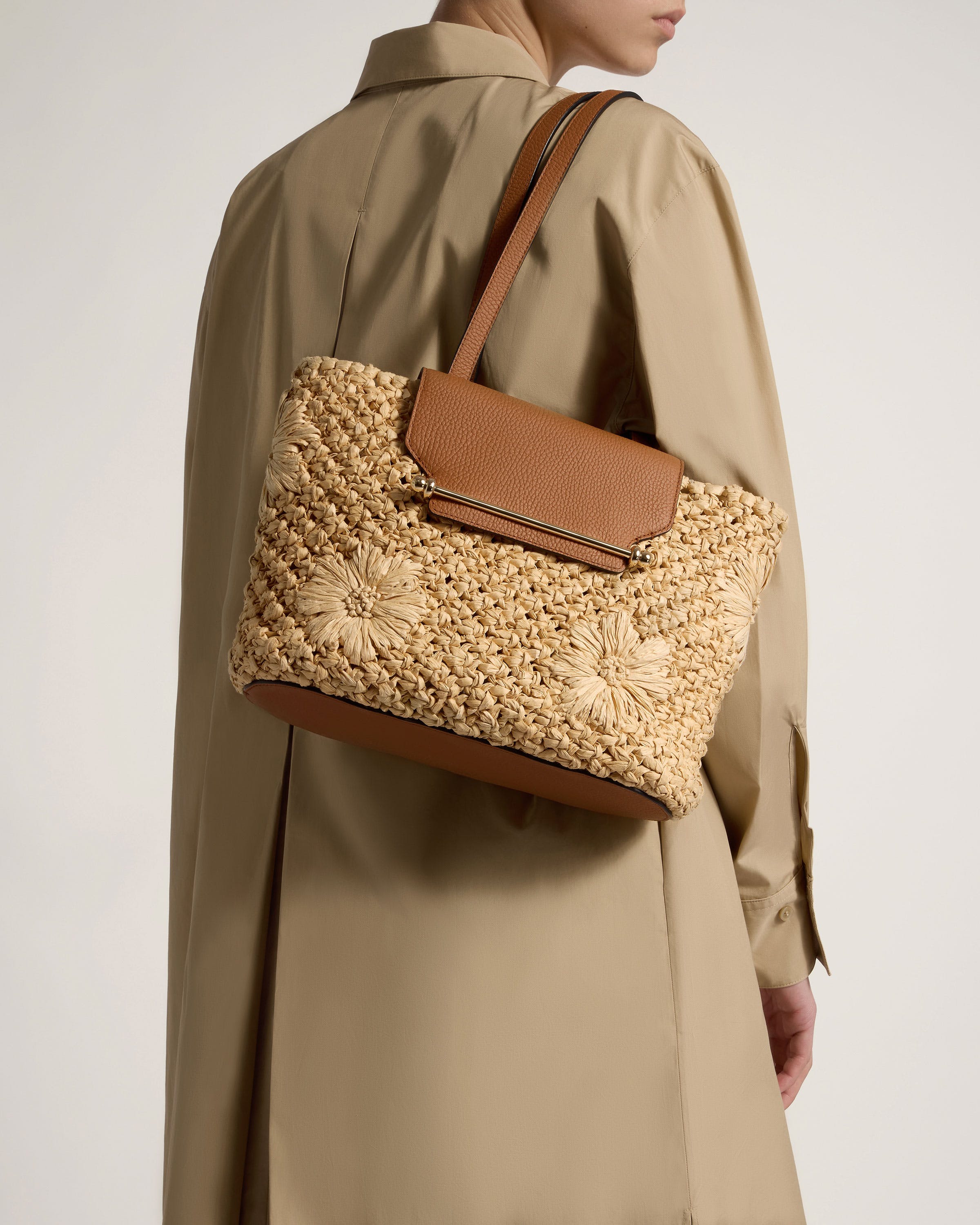 Strathberry Small Basket - Floral Paper Raffia & Tan Handbag for Women | Perfect for Beach, Picnic, and Summer Outings