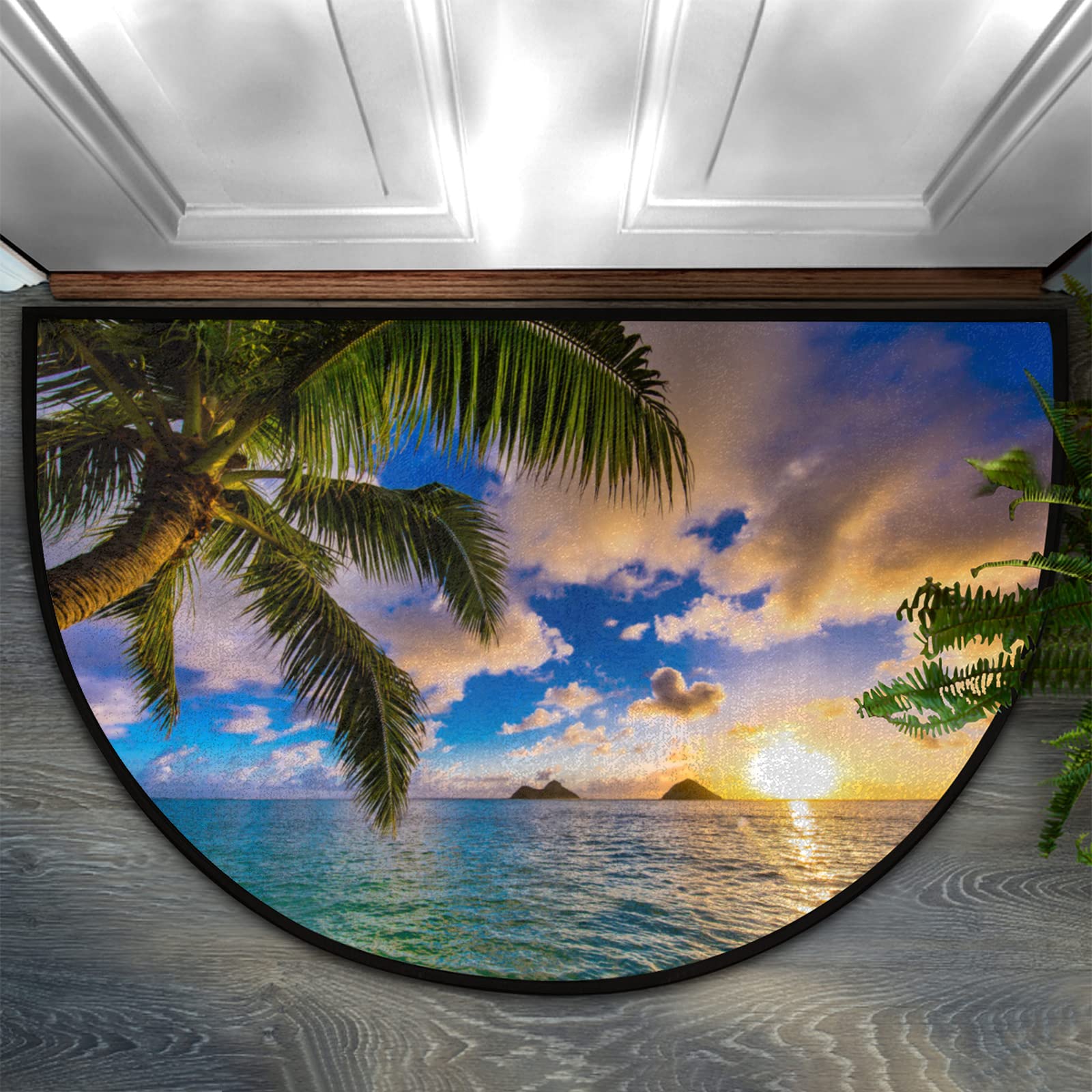 Hawaii Sea Beach Sunrise Half Round Doormat - Non-Slip Soft Half Circle Area Rug, Durable Washable Decor for Indoor Living Room, Bedroom, Kitchen & Fireplace - Perfect for Coastal Home Decor & Entryway Protection