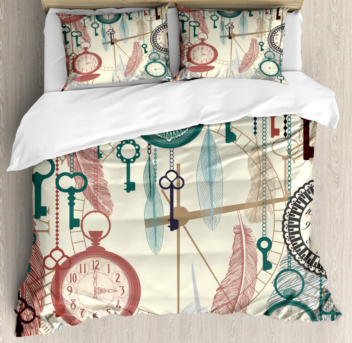 Ambesonne Antique Pocket Watch Duvet Cover Set - 3 Piece Vintage Timepiece & Feather Design Bedding with 2 Pillow Shams - California King Size Multicolor - Perfect for Victorian, Steampunk or Classic Bedroom Decor