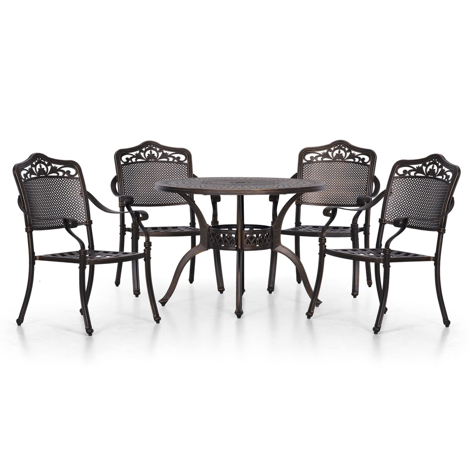 MFSTUDIO 5-Piece Outdoor Dining Set - Cast Aluminum Round Table with 4 Wide Chairs, Hammered Bronze Finish (39
