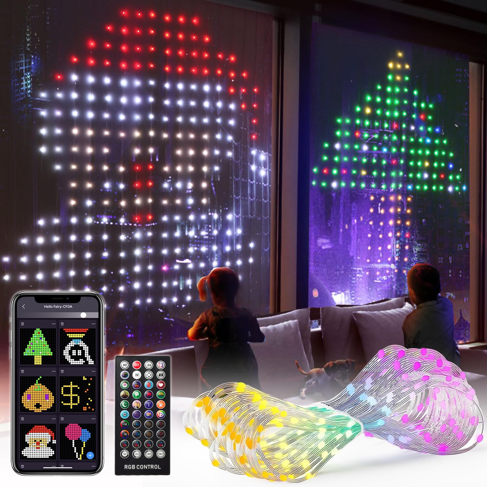 Smart LED Curtain Lights - DIY Custom Patterns & Text, App & Remote Control, Waterproof Color Changing Animated String Lights for Halloween, Bedroom, Wall & Outdoor Decor (6.6x6.6ft) - Perfect for Parties, Weddings, Christmas & Home Decoration