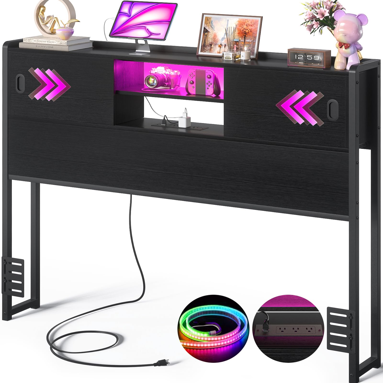 Homieasy Full Size Headboard with Storage - Sturdy Bookcase Design with Outlet, USB Ports & LED Lighting - Sliding Door Storage & Bed Adapter - Perfect for Small Bedrooms & Studio Apartments (Black)