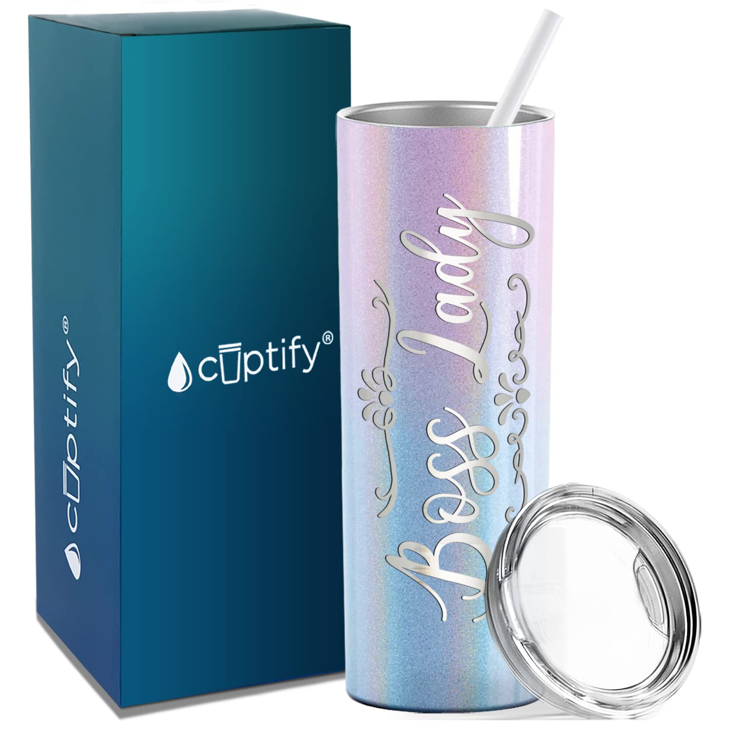20 oz Insulated Stainless Steel Skinny Tumbler with Lid & Straw - Laser Engraved Boss Lady Design on Cotton Candy Glitter - Perfect Birthday Gift for Women, Office Boss Gifts | Great for Coffee, Iced Drinks & Workplace Hydration