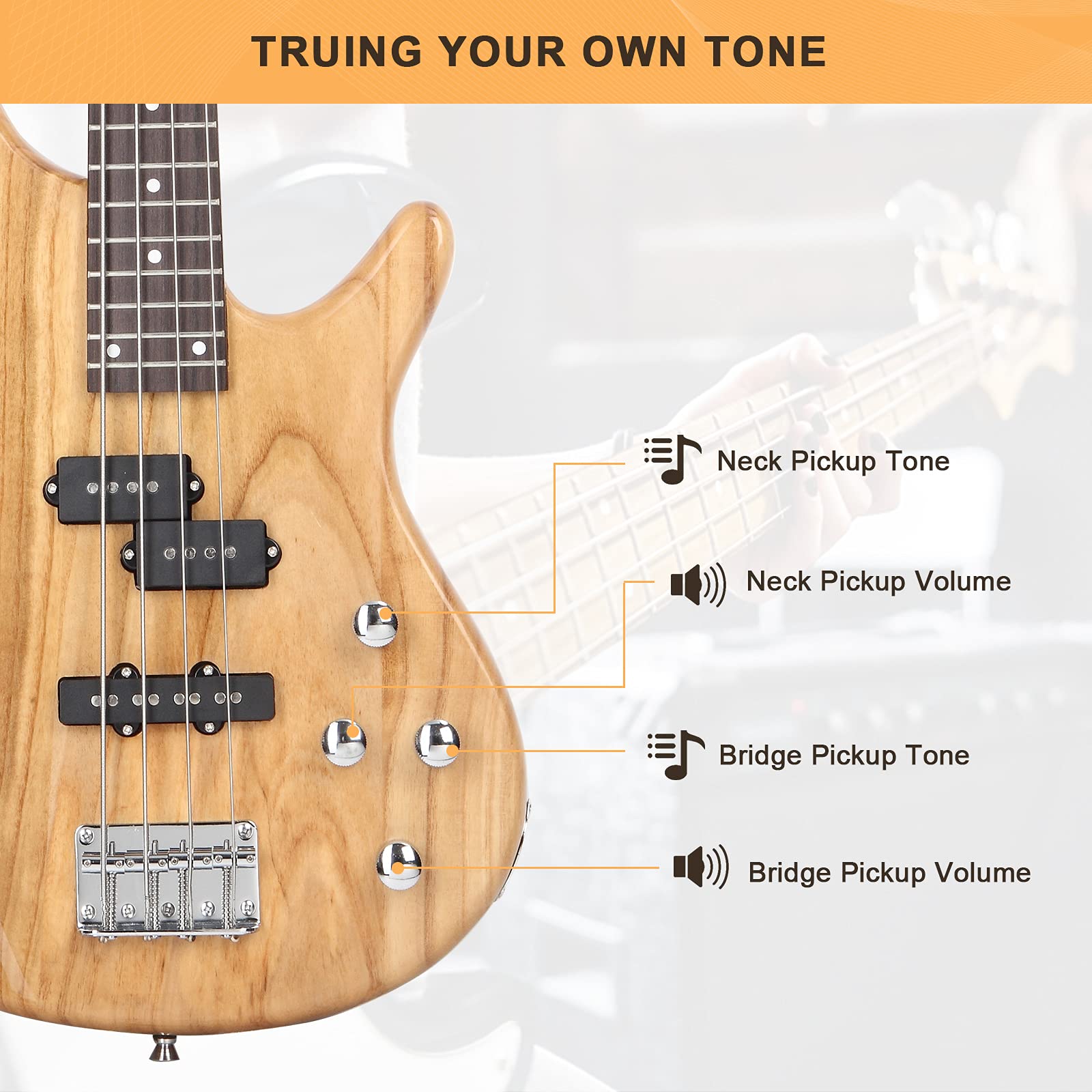 GLARRY GIB Series 4-String Electric Bass Guitar Full Size Beginner Kit with 20W Amp, Strap, Gig Bag & Accessories - Burlywood Finish | Perfect for Beginners, Practice, Live Performances & Studio Recording