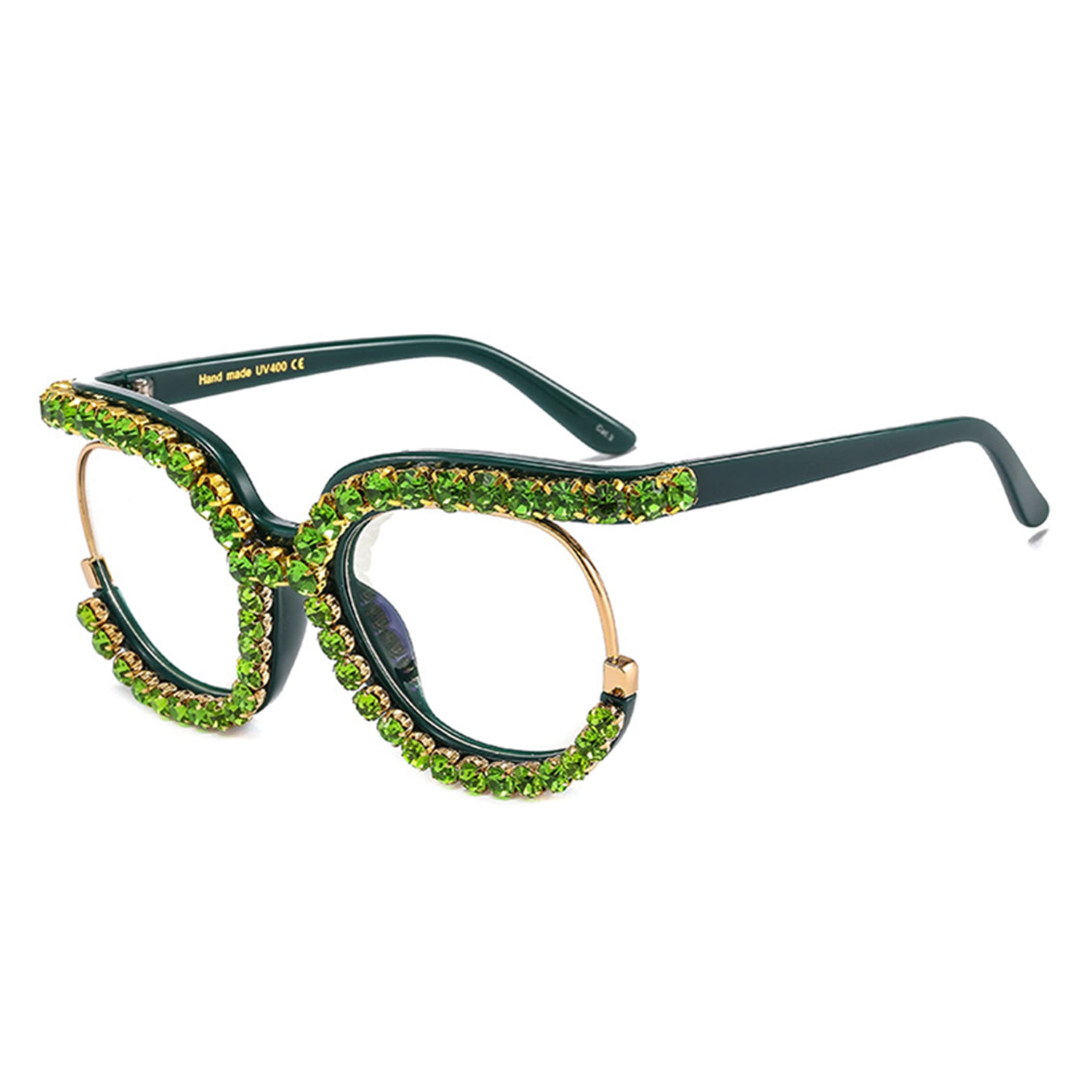 Vintage Fashion Women's Half-Rim Round Reading Glasses with Crystal Trim & Jeweled Frame - Costume Eyewear for Reading, Cosplay, and Retro Style Outfits
