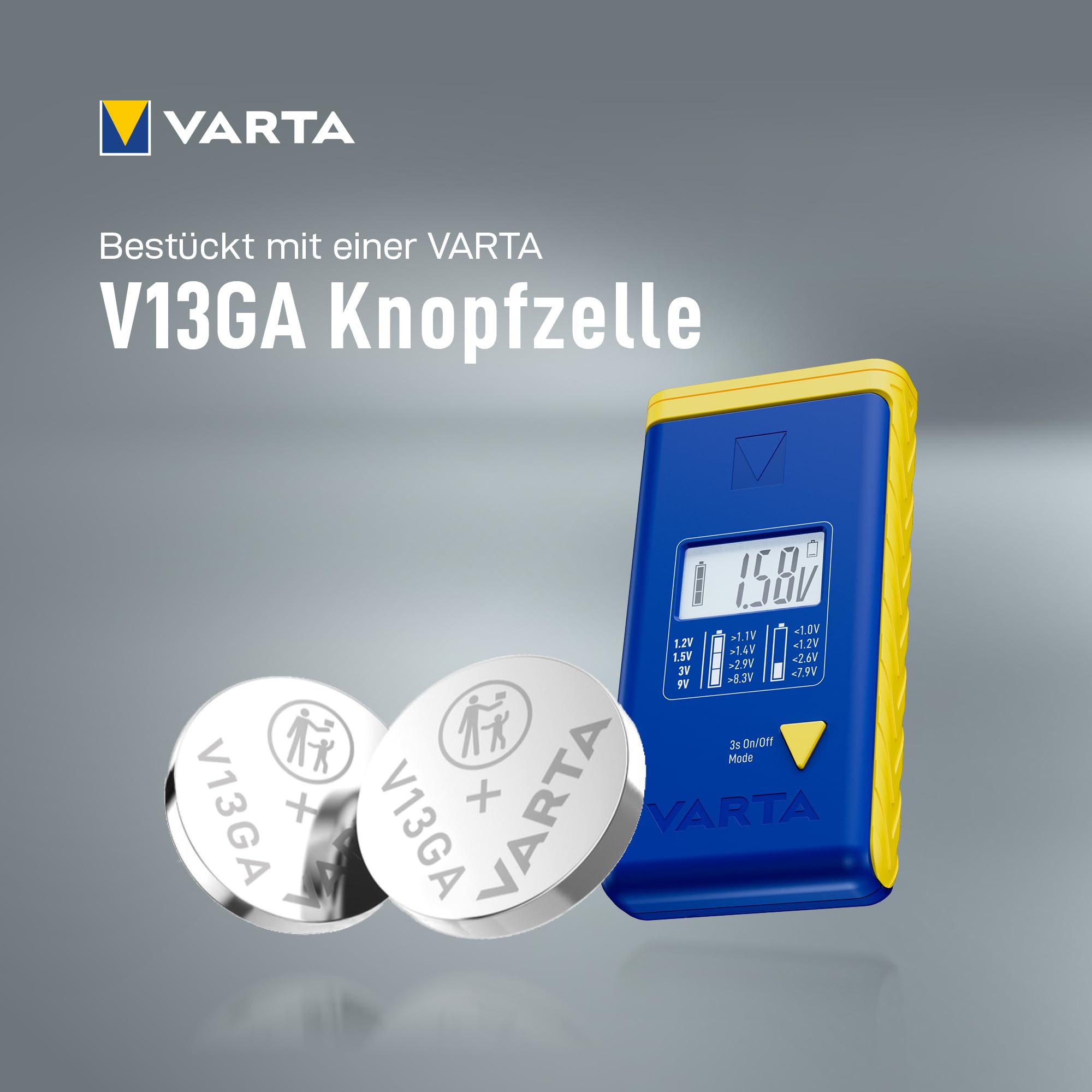 VARTA LCD Digital Battery Tester - Universal Battery Testing Device for AA, AAA, C, D, 9V & Button Cells | Includes 2 x V13GA (LR44) Batteries | Perfect for Home, Office & Electronics Maintenance