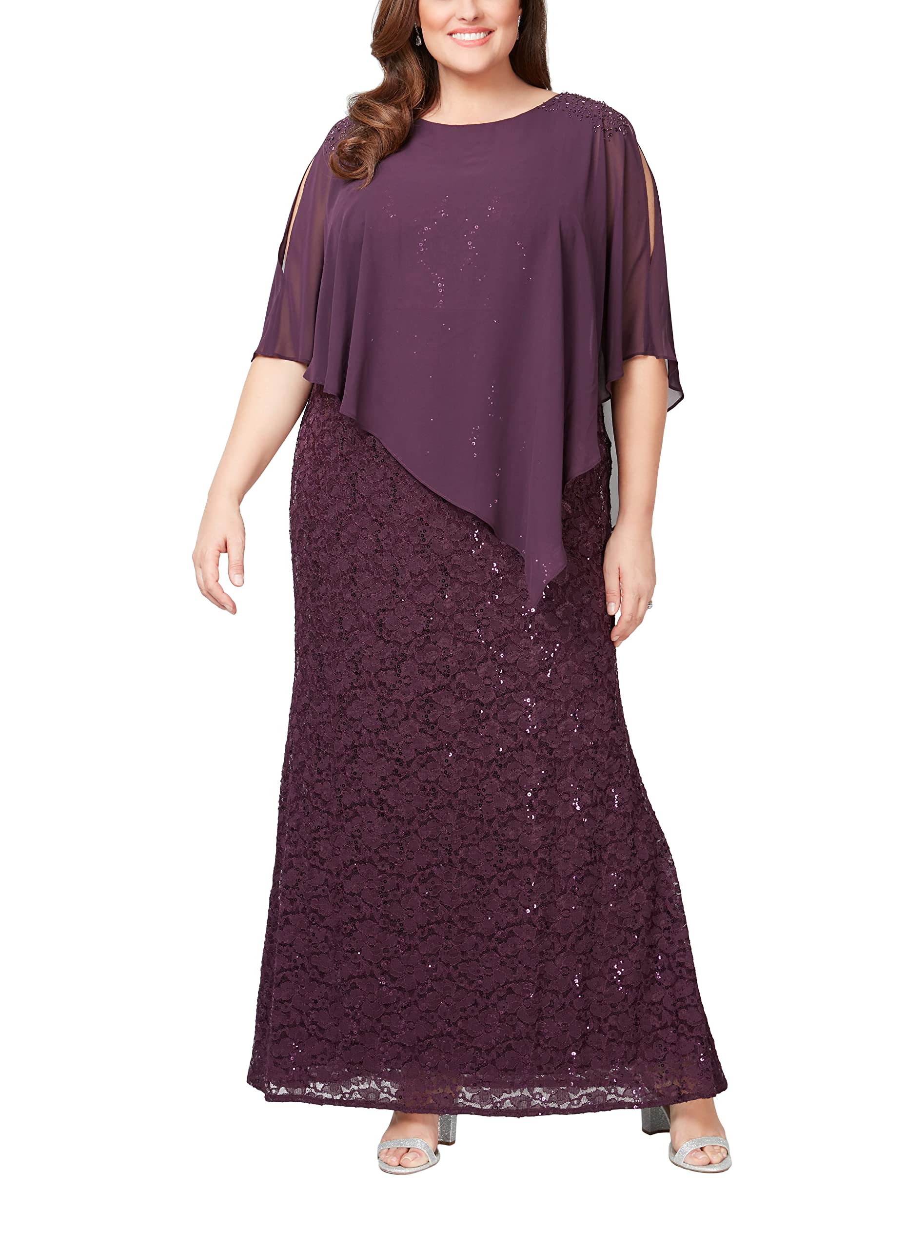 Elegant Plus Size Sequin Lace Beaded Capelet Dress for Women | Mother of The Bride & Formal Evening Gown | Perfect for Weddings, Galas & Special Occasions