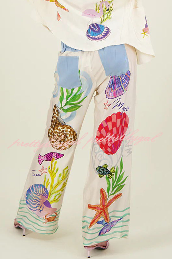 Dream Ocean Satin Wide Leg Pants with Elastic Waist & Pockets - Unique Print for Women | Perfect for Casual Wear, Office & Vacation Outfits