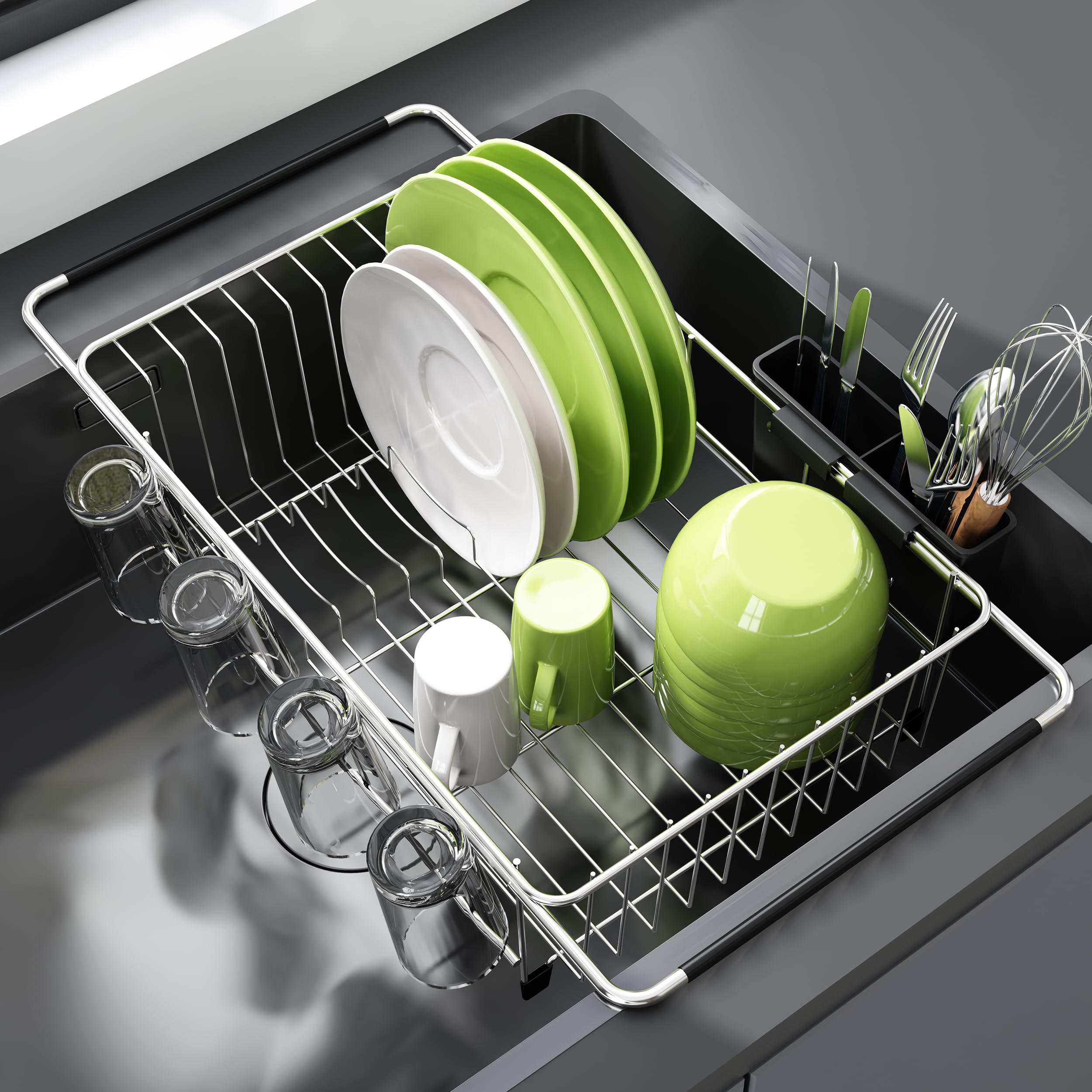 Expandable Stainless Steel Sink Dish Drying Rack with Utensil Holder - Space Saving Kitchen Counter Drainer for Plates, Cups & Silverware - Perfect for Small Kitchens & Apartment Living