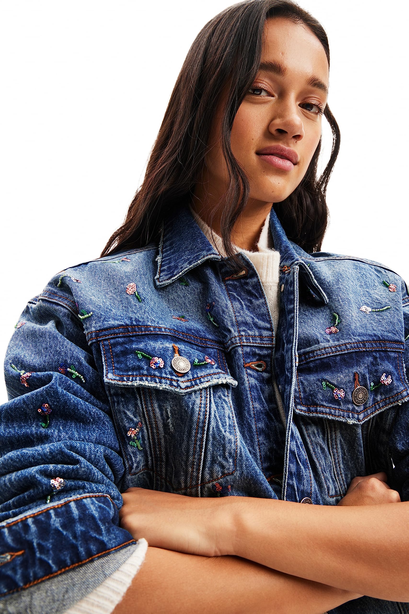 Desigual Women's Denim Jacket - Stylish Distressed Trucker Jacket for Women | Perfect for Casual Outings, Music Festivals & Streetwear Fashion