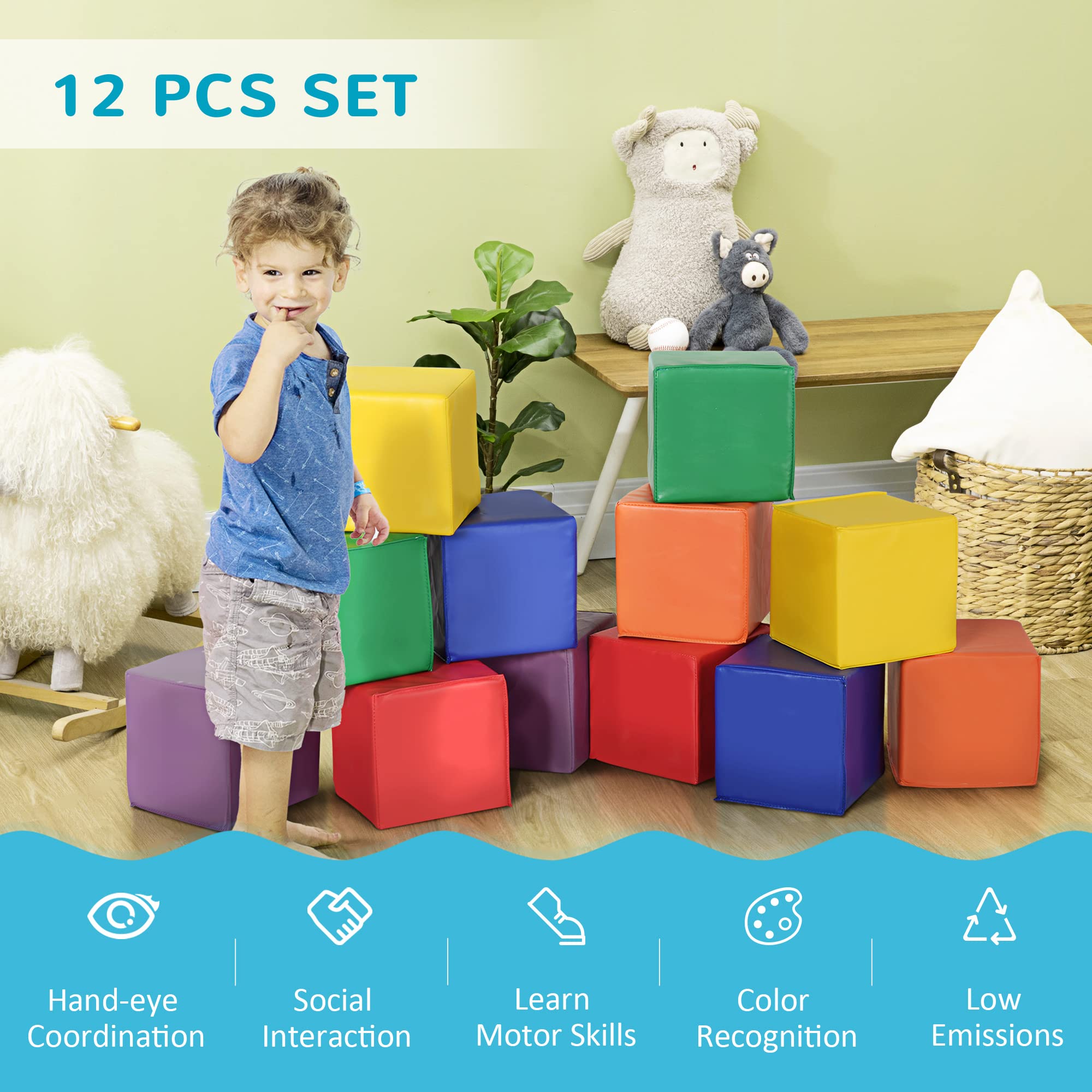 Soozier 12-Piece Soft Foam Building Blocks for Toddlers - Safe Stacking & Learning Toys for Babies & Preschool Kids - Perfect for Playtime, Early Education & Nursery Room Decor
