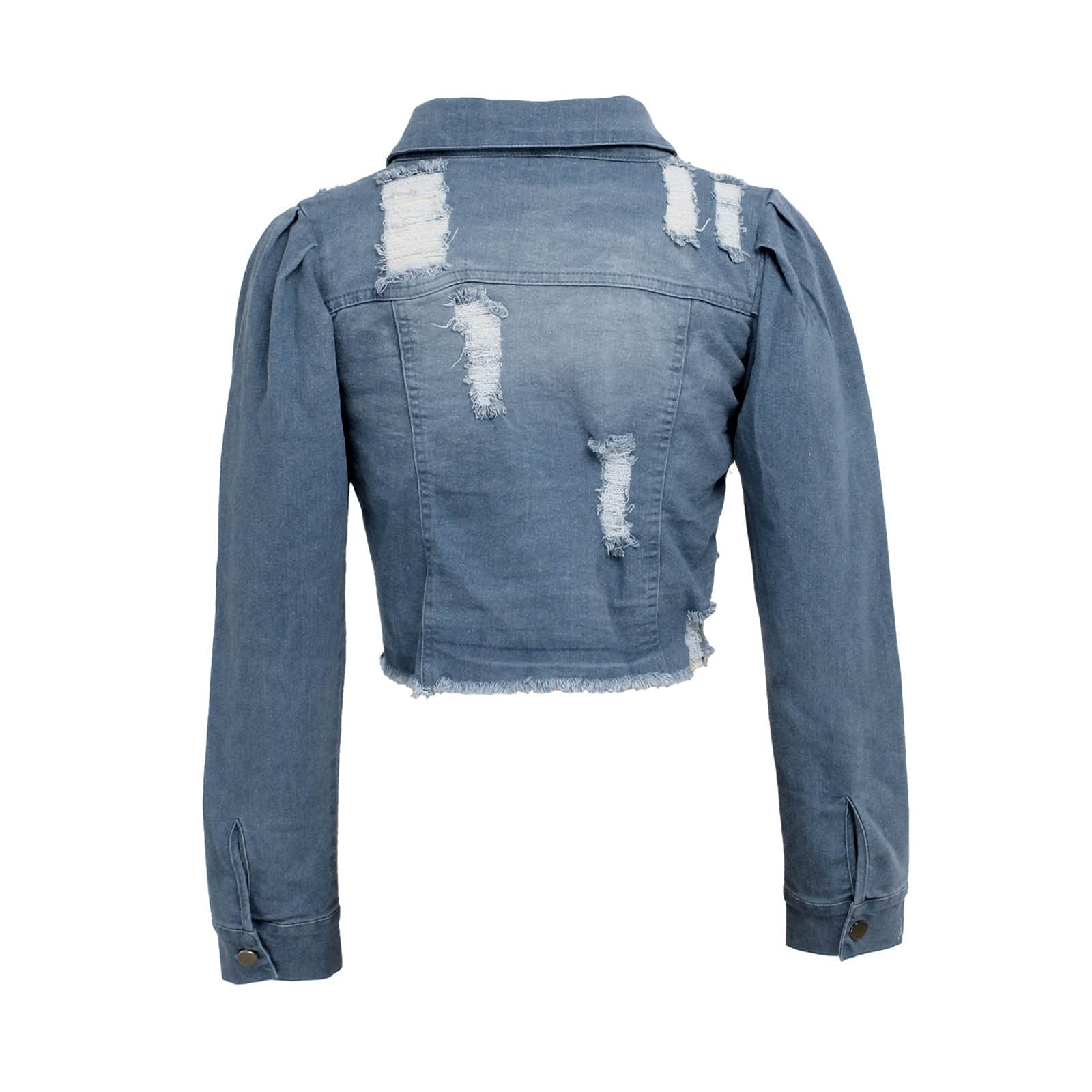 Women's Ripped Denim Jacket with Puff Sleeves & Frayed Hem - Slim Fit Cropped Jean Jacket for Casual Outfits & Streetwear Fashion