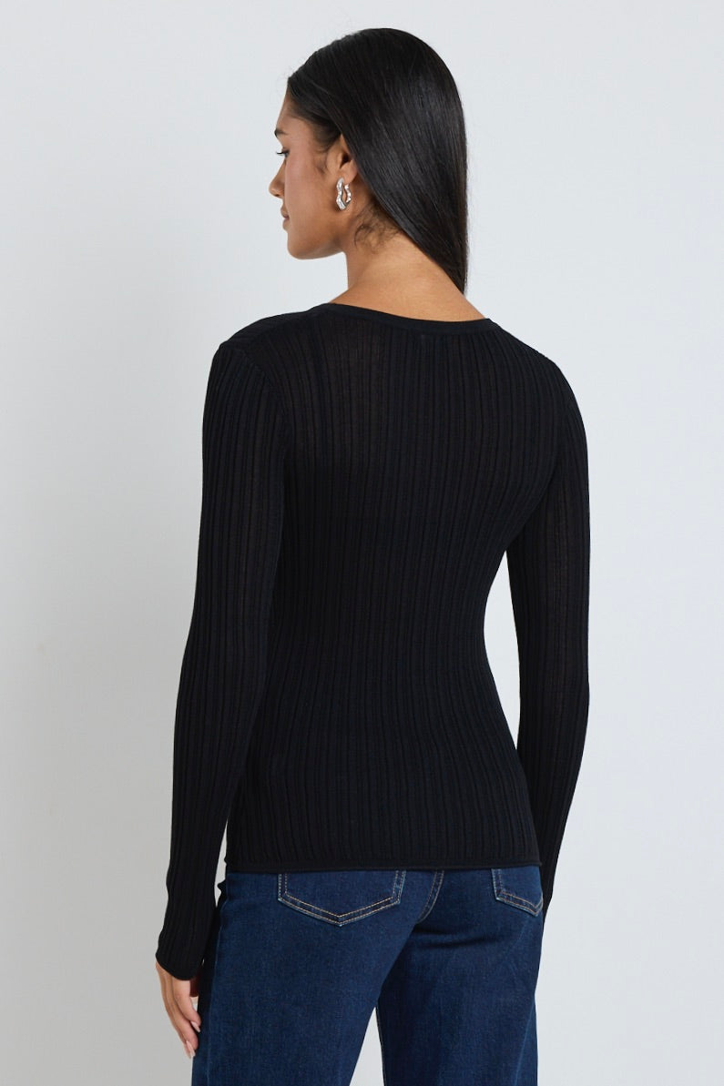 Fragment Black Sheer Long Sleeve Knit Top for Women - Elegant Lace Detail Casual Wear for Date Night & Evening Outfits