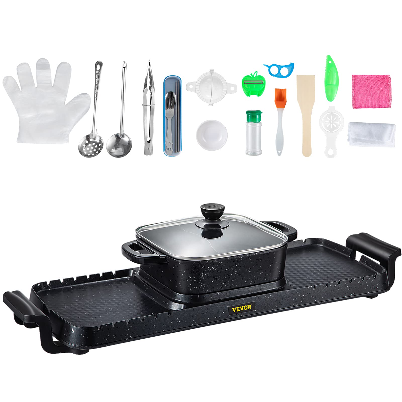 VEVOR 2400W Electric Grill & Hot Pot Combo - Smokeless 2-in-1 Indoor Grill with Dual Temperature Control, Nonstick Teppanyaki Griddle for BBQ, Shabu Shabu, Fondue - Perfect for Family Gatherings (1-8 People)