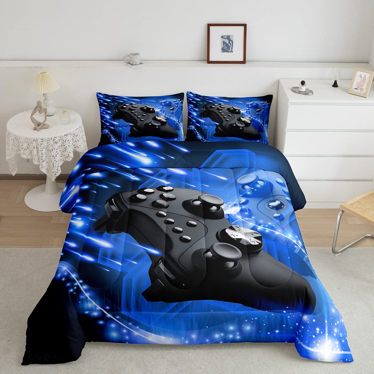 Erosebridal Teens Gamer Comforter Set - Twin Size Video Game Themed Bedding for Boys & Girls | Controller & Joystick Design Gaming Duvet Cover | Perfect for Bedroom, Living Room & Game Room Decor | Blue