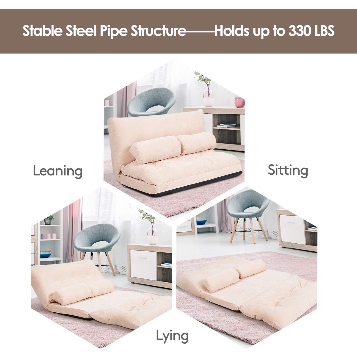 Giantex Adjustable Floor Sofa Couch with 2 Pillows, 6-Position Foldable Lazy Sofa Sleeper Bed, Multi-Functional Suede Floor Seating for Living Room, Bedroom, Reading & Gaming (Beige) - Perfect for Small Spaces, Lounging and Guest Sleeping