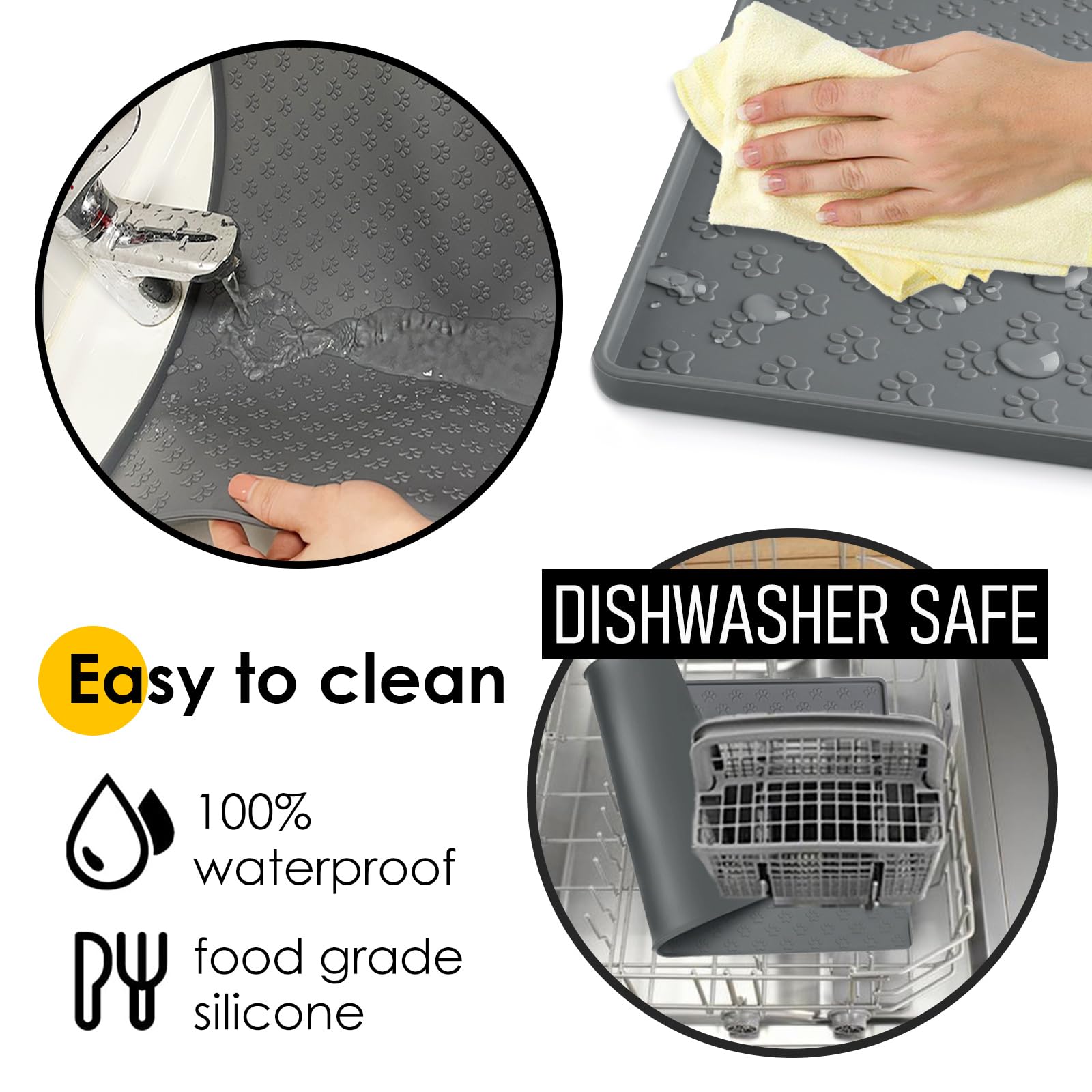 Non-Slip Silicone Pet Food Mat with Raised Edges - Waterproof Dog & Cat Feeding Mat for Mess-Free Meals, Spill Proof Floor Protection, Dishwasher Safe (Grey, 24