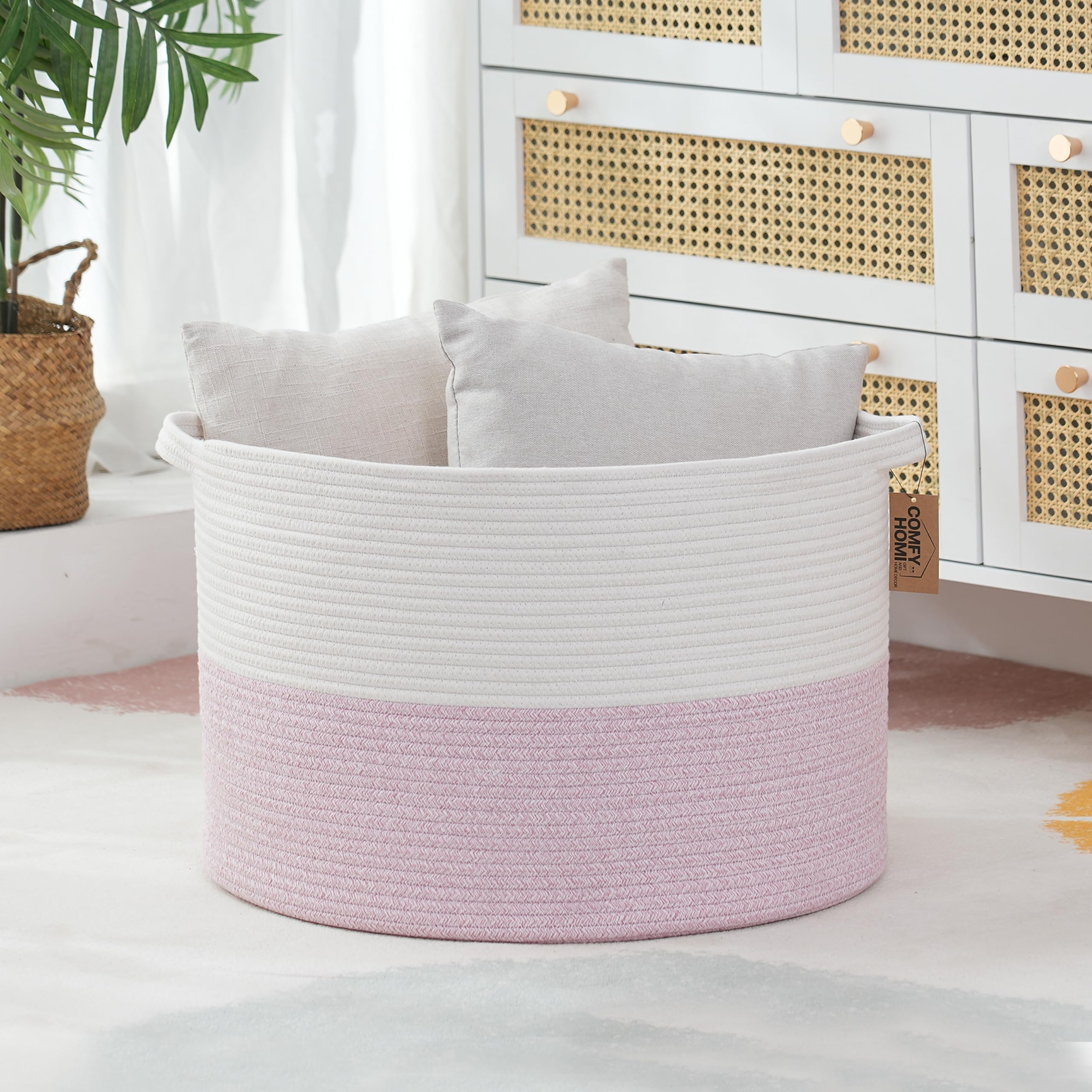 COMFY-HOMI Extra Large Woven Storage Basket 21x21x13.6 Inches - Cotton Rope Toy Organizer & Blanket Holder for Nursery, Living Room, Bedroom - White/Pink Baby Basket for Newborns & Home Decor